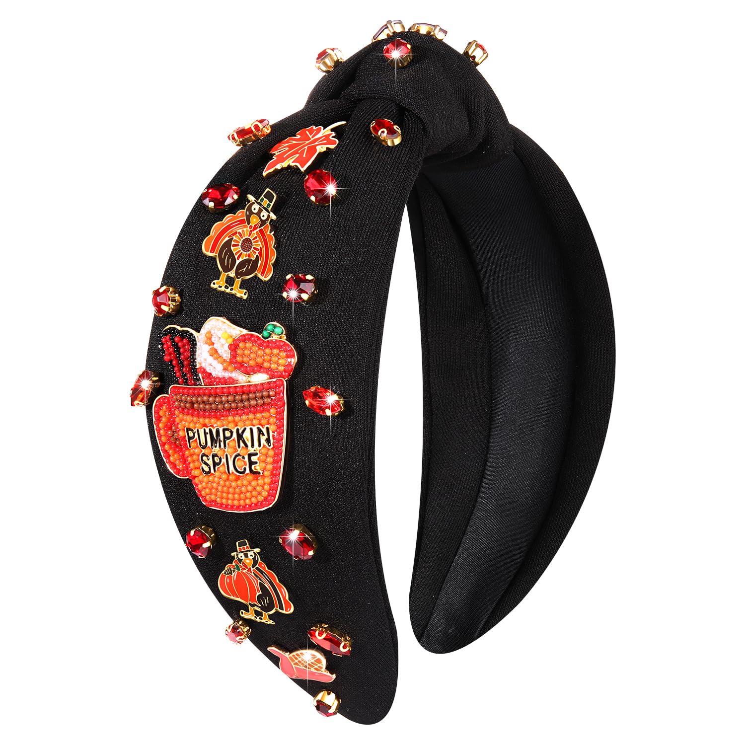 Diadema de Acción de Gracias, diadema de otoño para mujer, diadema esmaltada de calabaza con cristales anudados, diadema de tweed con nudo superior,