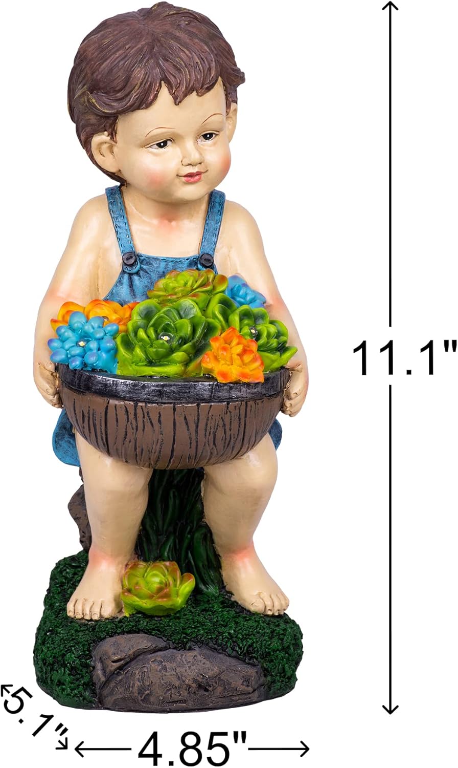 Ottsuls Estatua solar de jardín para niño, resina impermeable, decoración para exteriores con flores y 4 luces LED para patio, césped, porche,