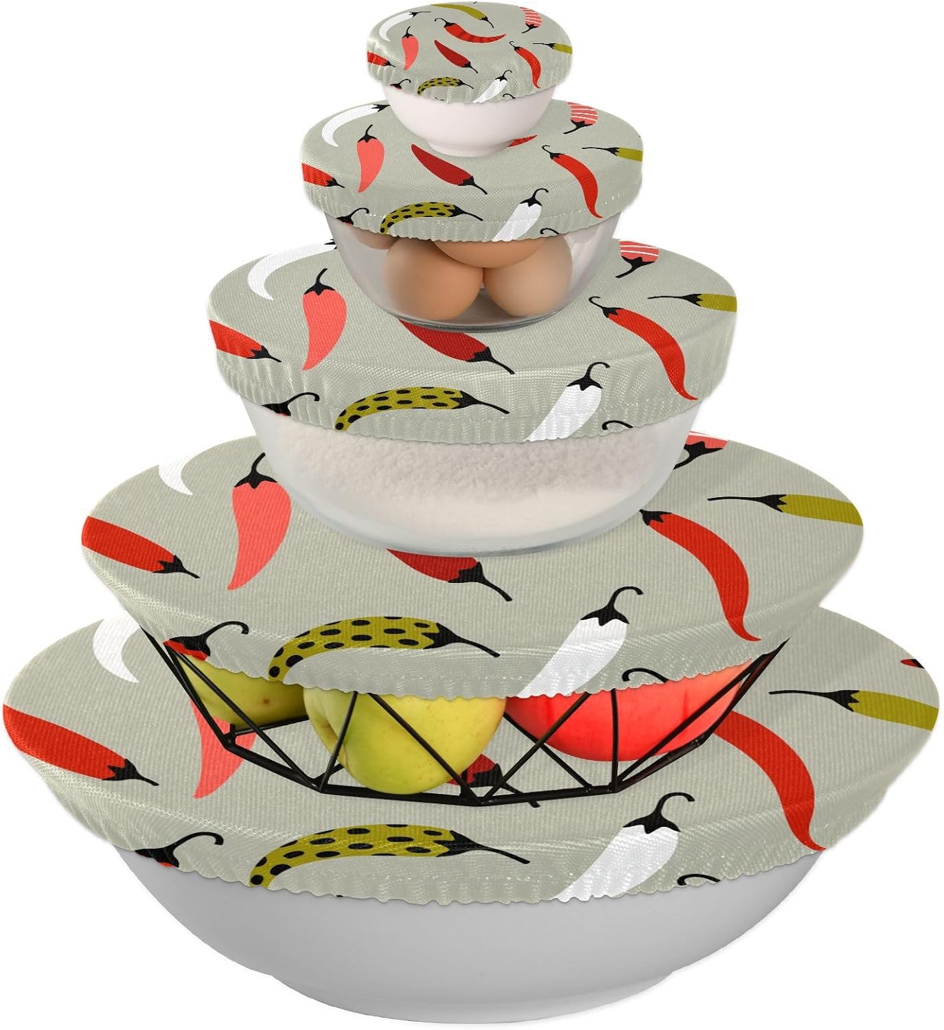 Chili Pepper 5PCS Reusable Elastic Bowl Covers for Food Storage Stretch Cloth Fabric Lids with 5 Different Sizes Waterproof Bowl Covers for Bread