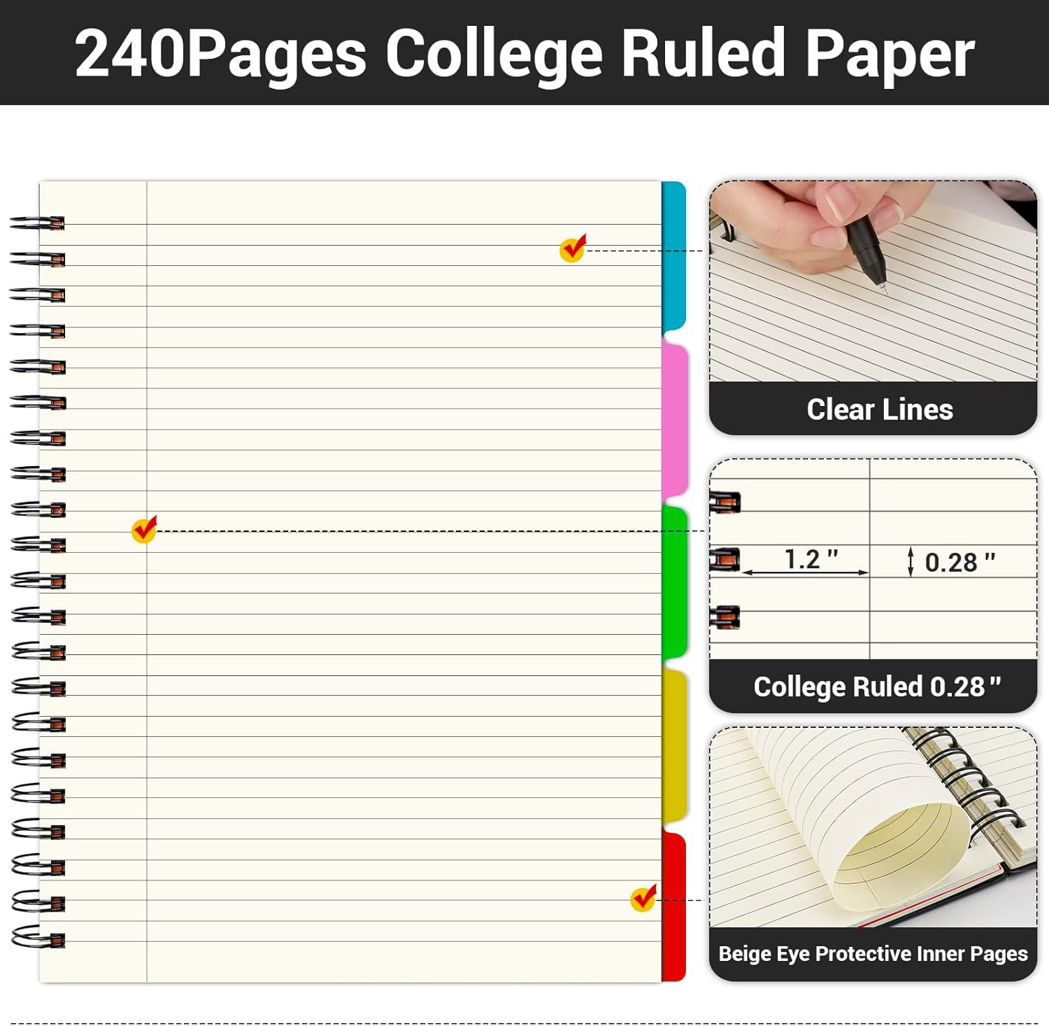 EUSOAR Cuaderno de 5 materias con rayas universitarias, 1 paquete A4 de 11 x 8-12 pulgadas, papel de línea de 100 GSM, 120 hojas240 páginas,