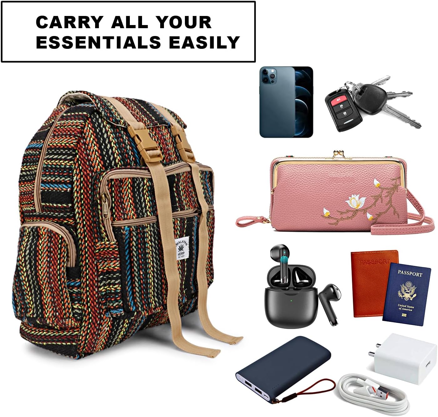 Himalyan Hemp Laptop Bag MochilaViajero Bolsa, Cáñamo Portátil Bolsa, Negro Multi-2, Mochila