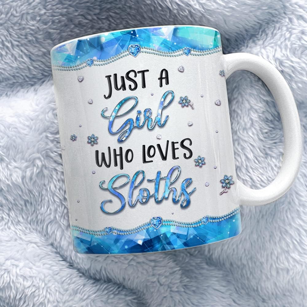 SANDJEST Taza de café personalizada de perezoso, taza de cerámica de 11 onzas y 15 onzas, estilo de joyería, con texto en inglés Just A Girl Loves