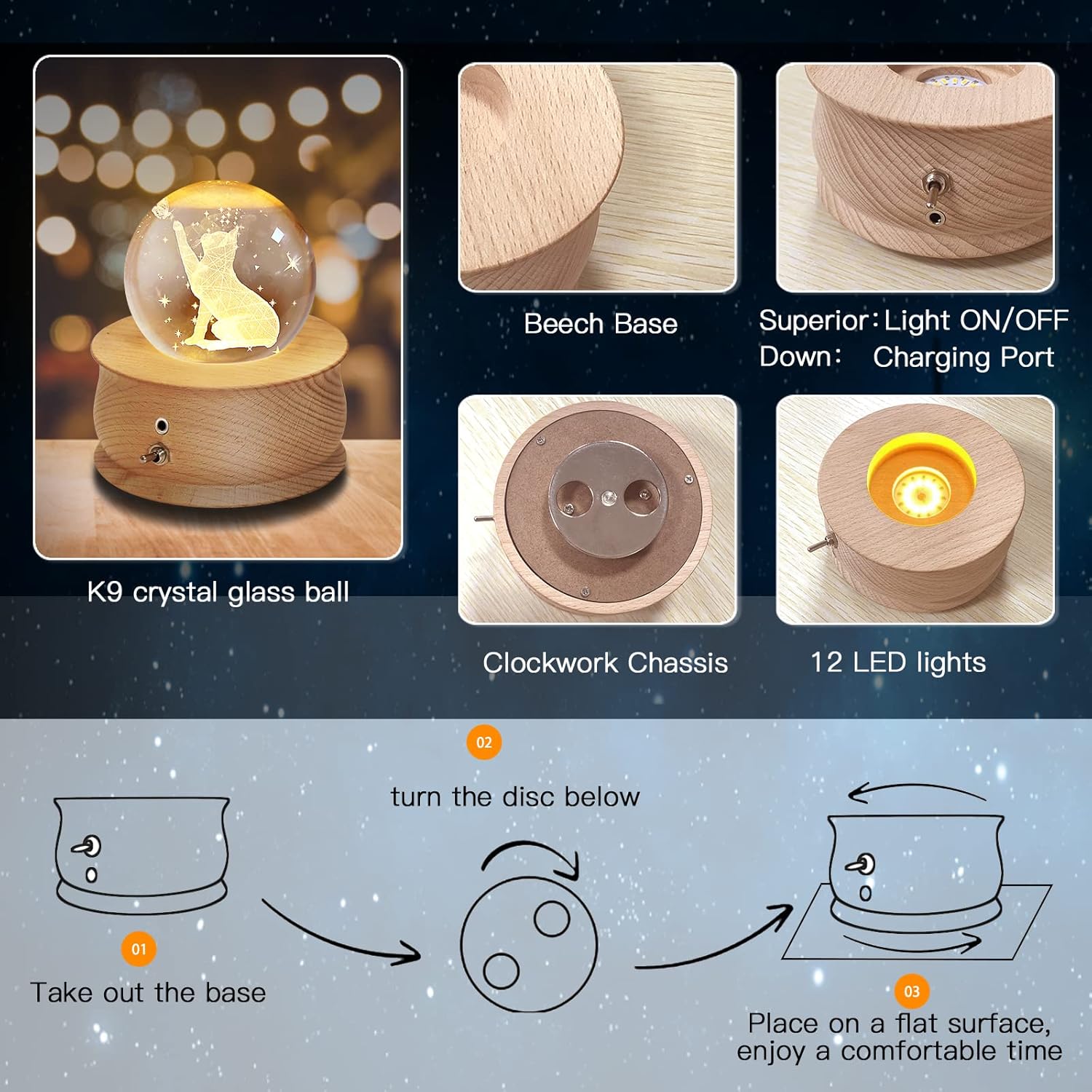 Caja de música de bola de cristal 3D, reflector LED, lámpara de noche de madera de lujo, el mejor regalo para niños, padres, abuelos, Navidad, día