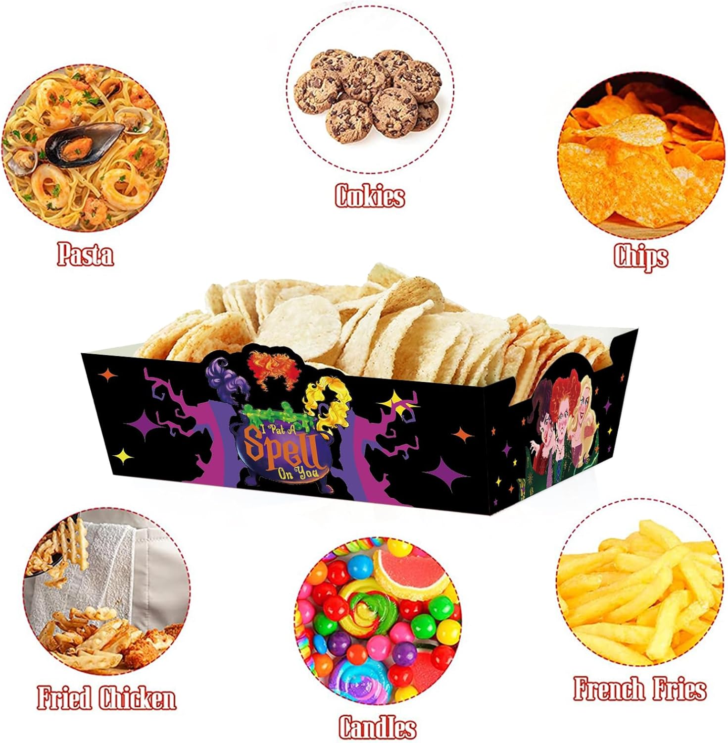 Paquete de 50 suministros de fiesta de Halloween Hocus Pocus, bandeja de comida de Hocus Pocus, bandeja de papel para servir alimentos para fiesta
