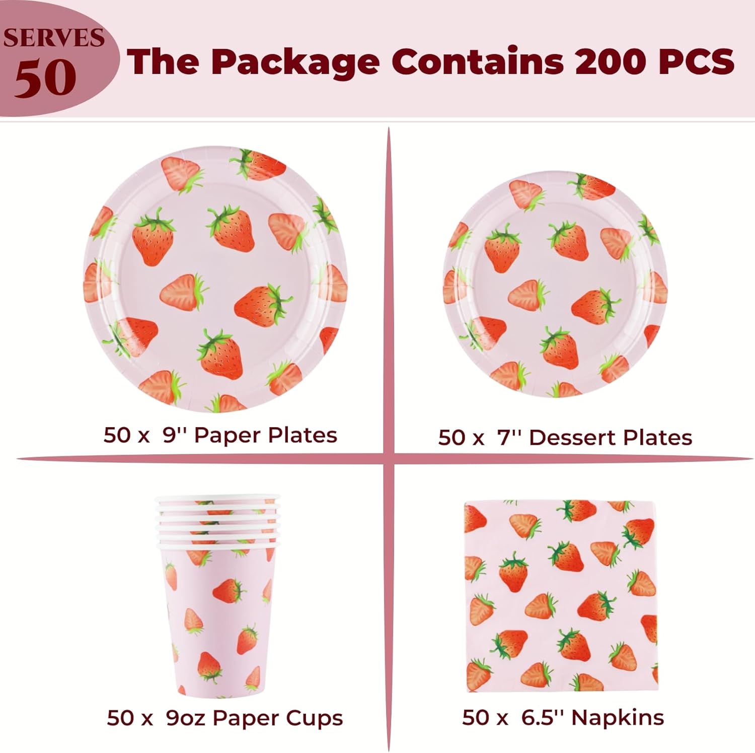 Juego de vajilla de fiesta de fresa, 200 piezas de suministros para fiesta de cumpleaños, platos de papel desechables de fresa, platos de cena,