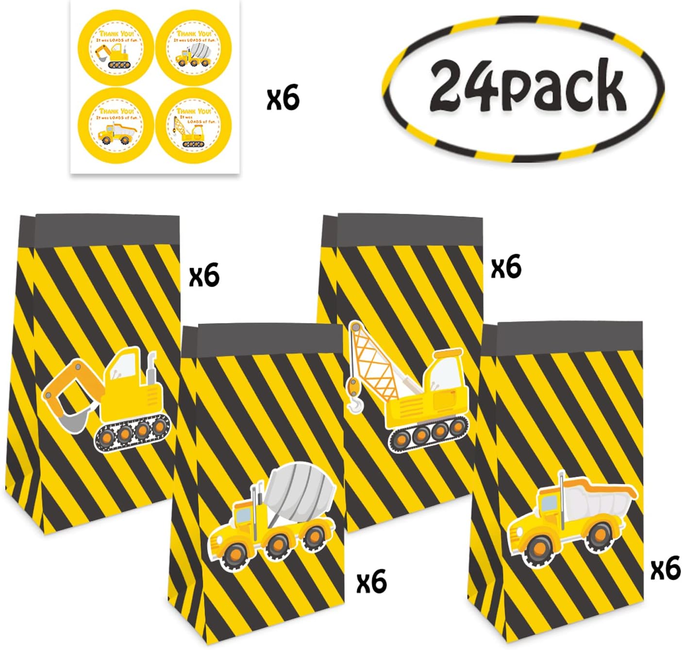 Paquete de 24 bolsas de fiesta de construcción con calcomanías de agradecimiento, suministros de fiesta temática de construcción, bolsas de regalo