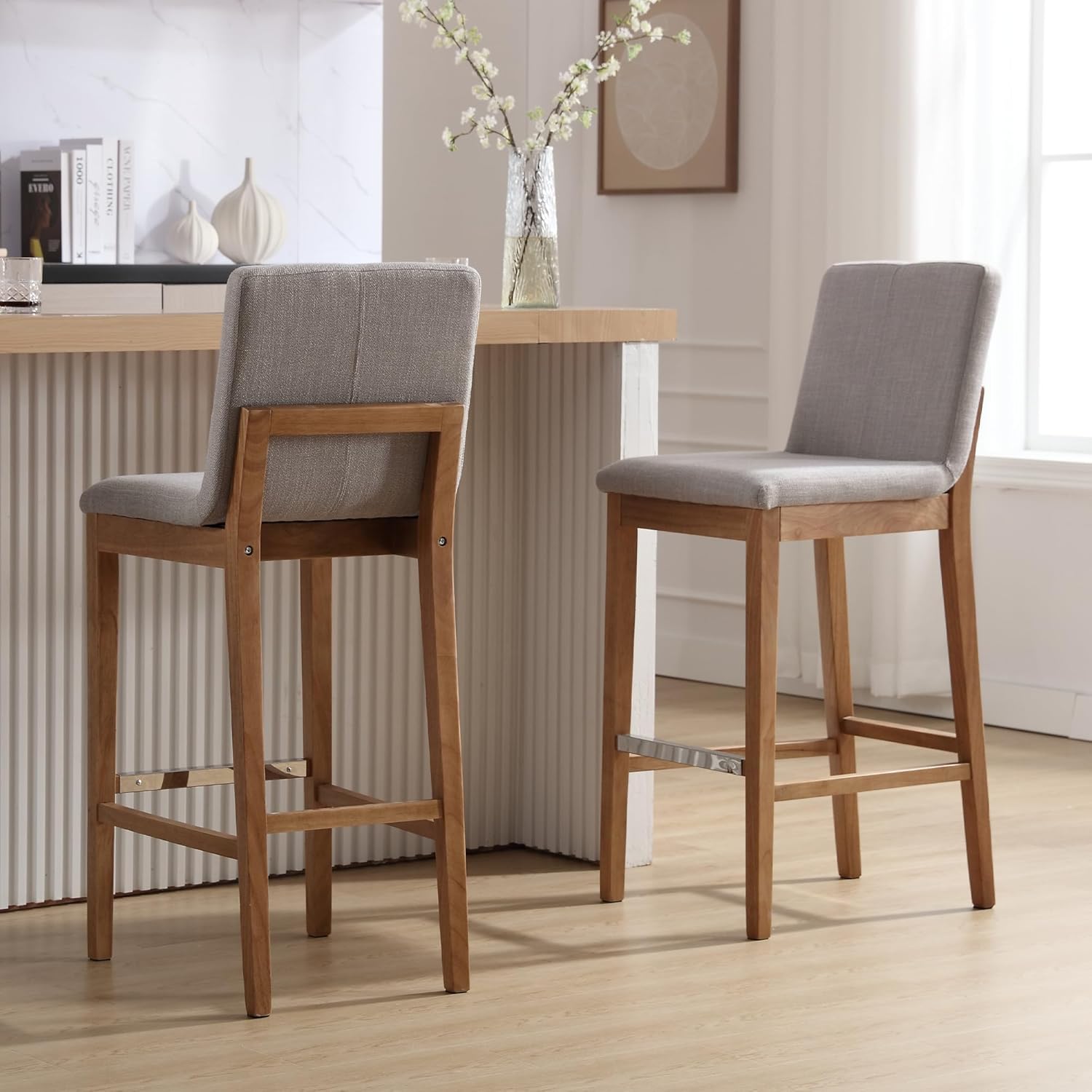 chairus Juego de 2 taburetes de bar altos de tela, taburetes de bar tapizados de lino con patas de madera maciza y respaldo para cocina, isla de