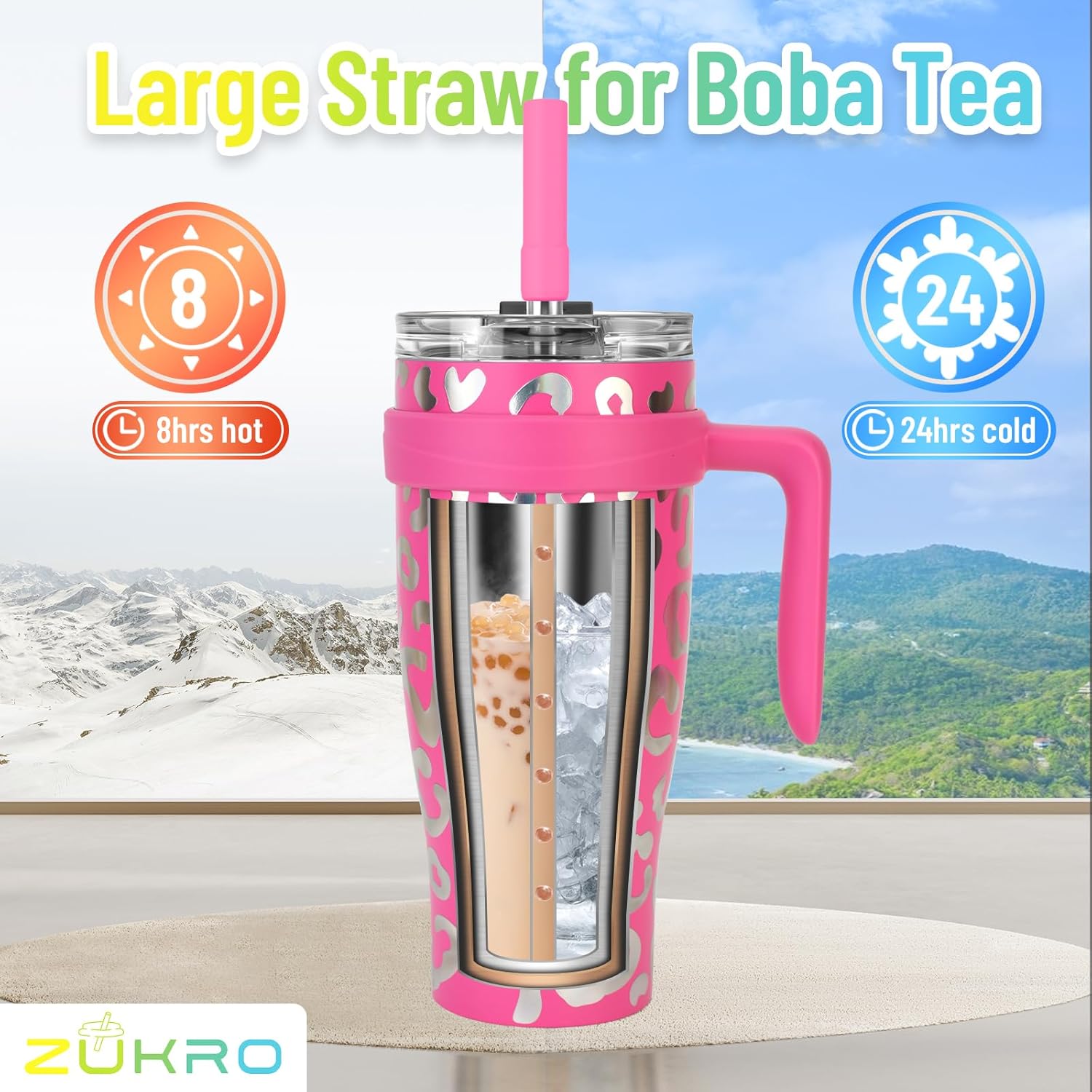 Zukro Vaso de 40 onzas con asa y popote, vaso aislado de acero inoxidable de doble pared con tapa abatible 2 en 1, 100% a prueba de fugas, mantiene