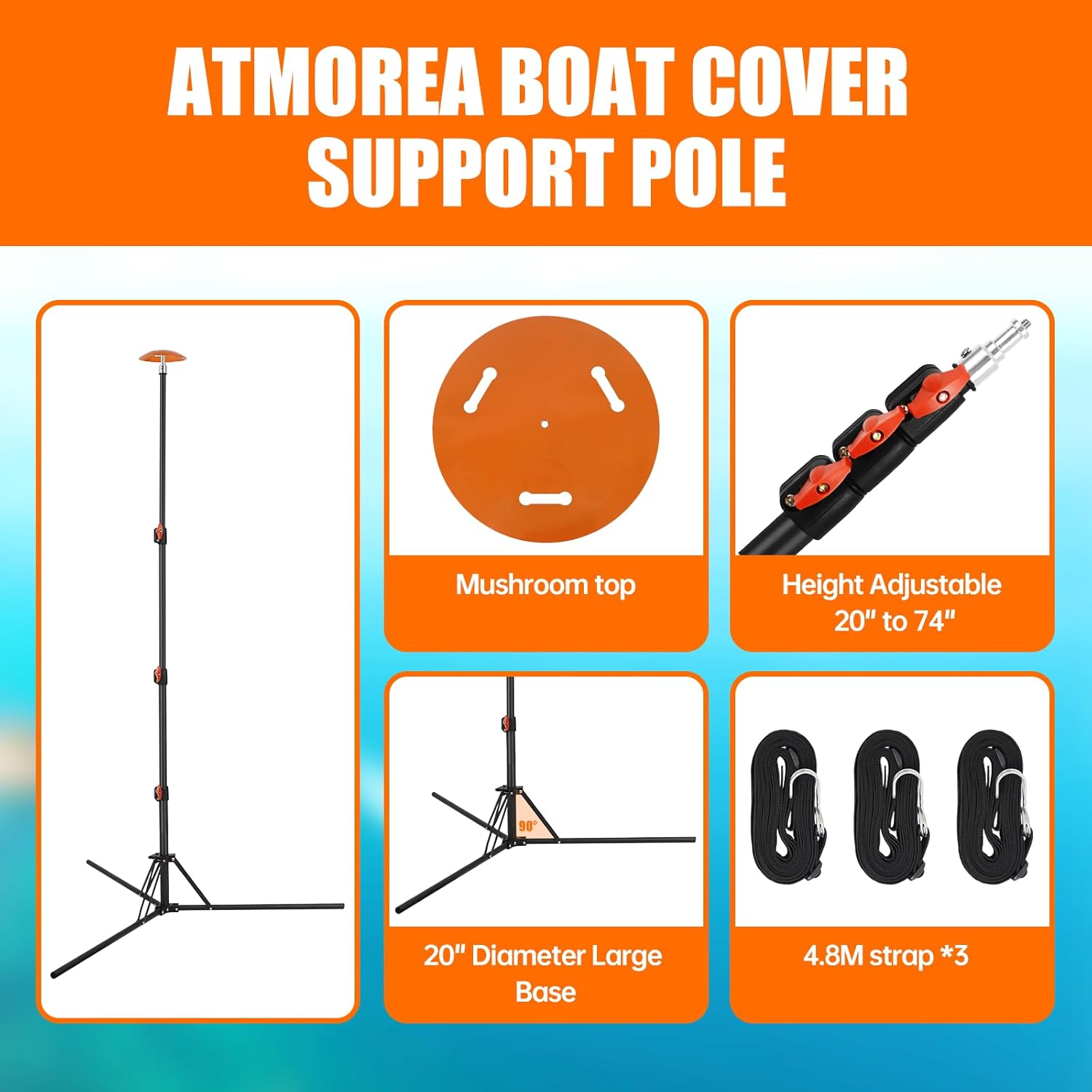 Poste de soporte para cubierta de barco, 1 poste de soporte telescópico ajustable SPCC de acero de 20 a 74 pulgadas con 3 correas para pontón, barco