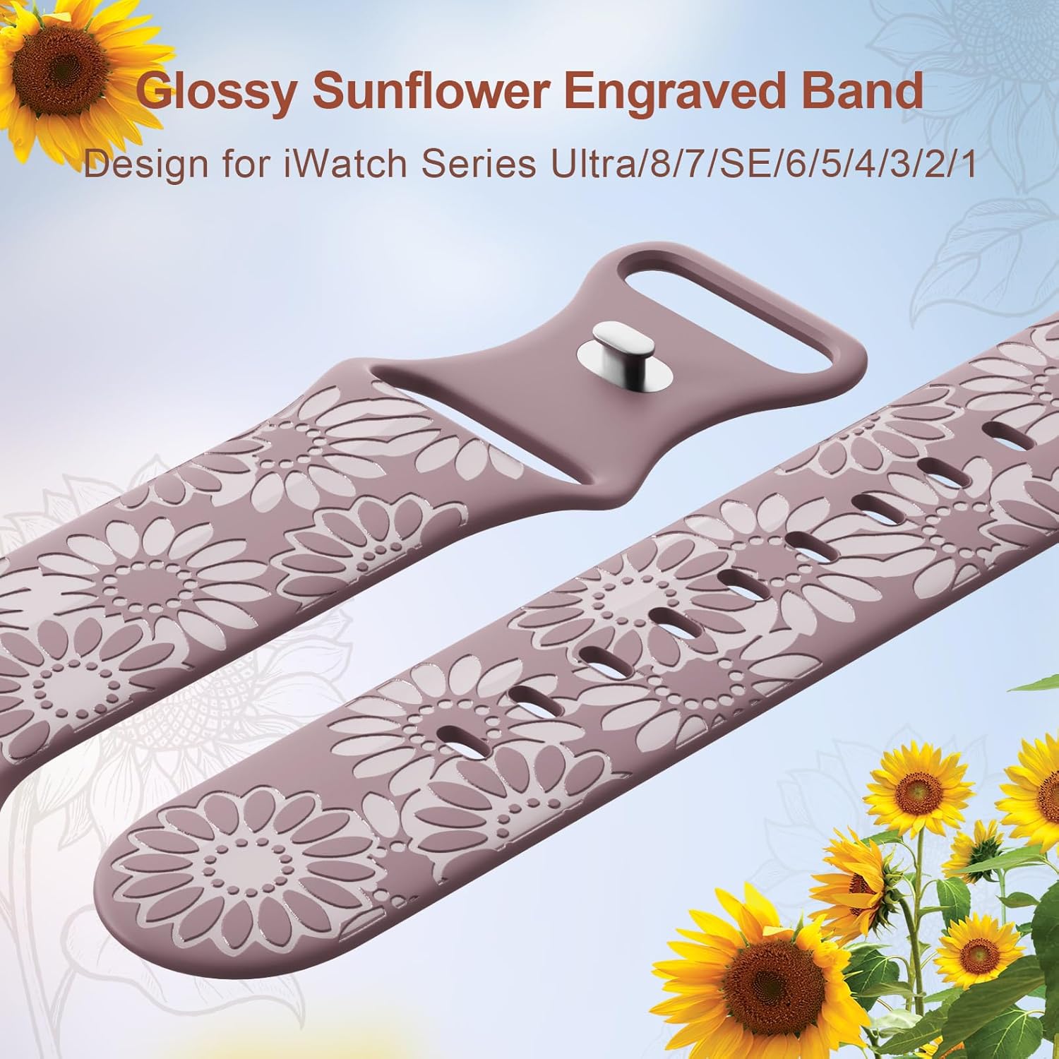 Correa de silicona grabada de girasol compatible con Apple Watch Band de 1.496 in 1.575 in 1.614 in 1.654 in 1.732 in 1.772 in 1.929 in correa de