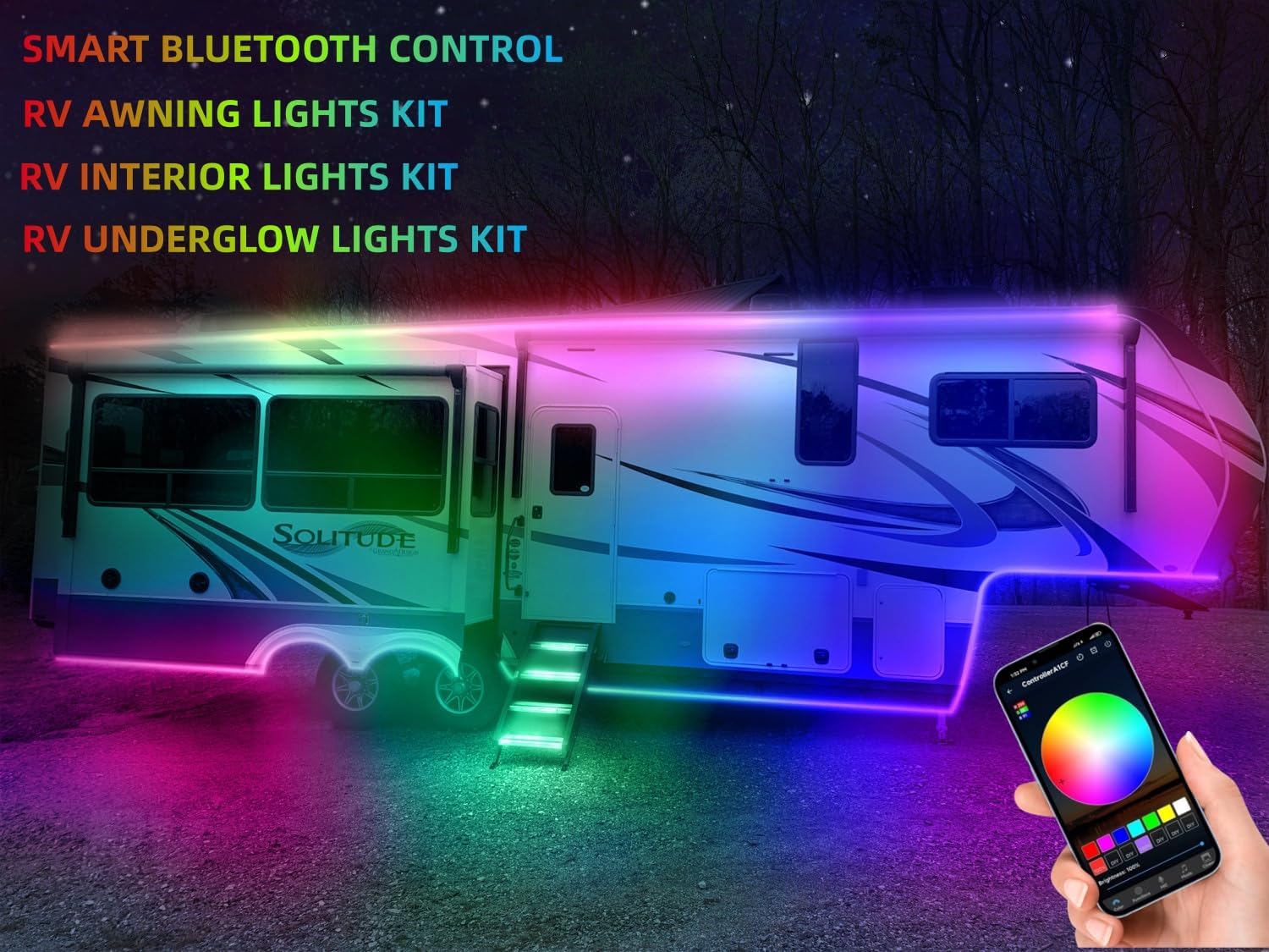 Tira de luces para toldo de autocaravana de 25 pies, luces LED multicolor de 12 V, iluminación de acento para debajo de la carrocería de cámper con