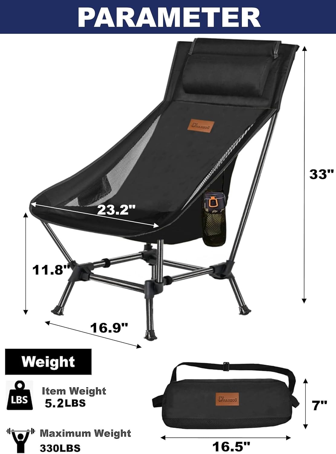 DRAXDOG Silla de camping, silla compacta de 2 vías, silla plegable portátil, silla de playa con bolsillo lateral, silla de senderismo ligera ZGST-CS