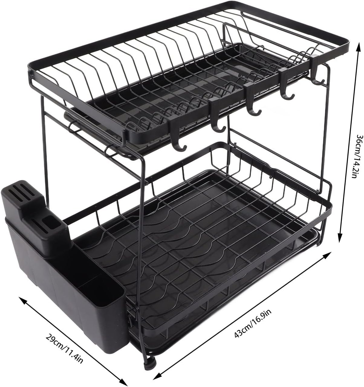 Escurridor de platos con escurridor de platos grande de 2 niveles con soporte para utensilios, estante para tazas, colador de disco de acero al