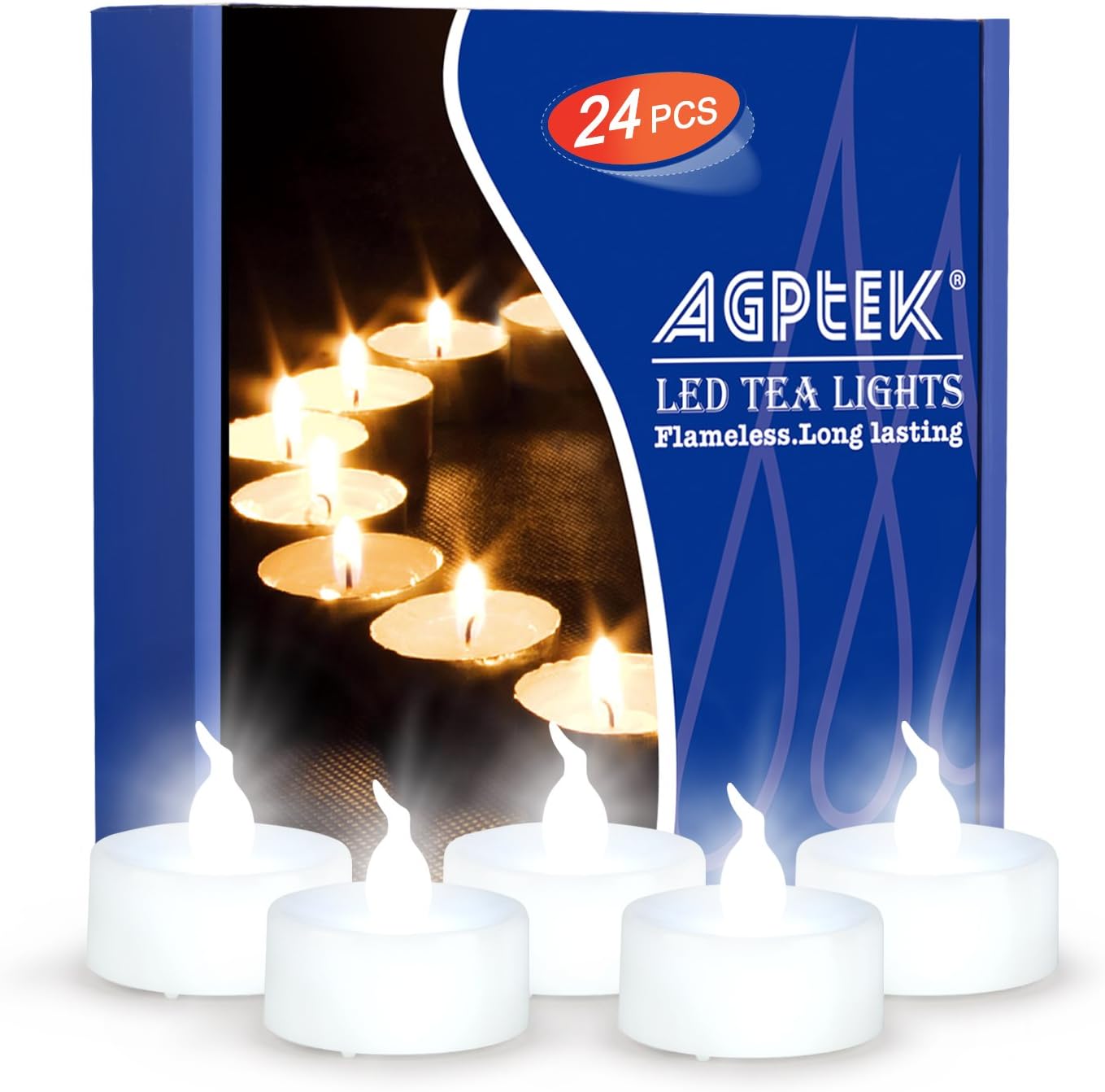 AGPtEK Velas de té, paquete de 24 velas LED sin llama, funciona con pilas, velas sin parpadeo, de larga duración para boda, vacaciones, fiesta,