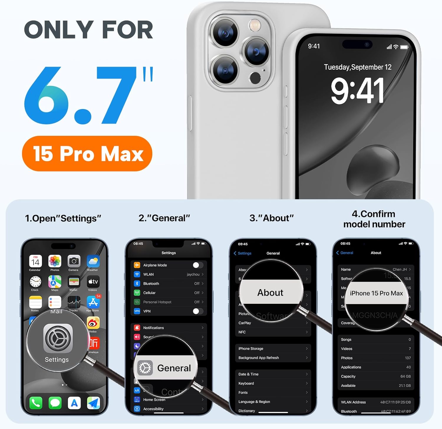 Miracase Funda diseñada para iPhone 15 Pro Max, compatible con MagSafe, con 2 protectores de pantalla, funda de silicona líquida a prueba de golpes
