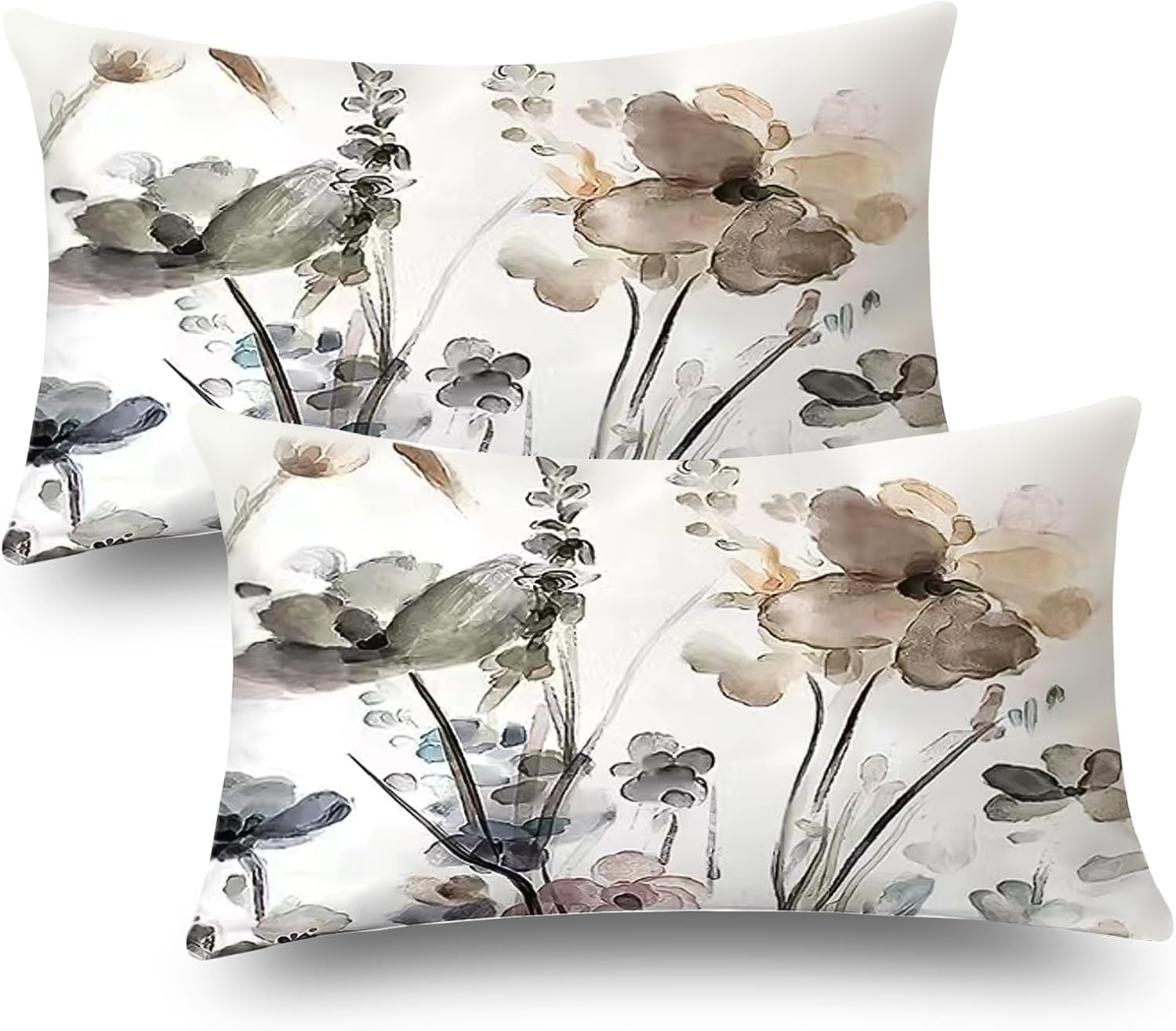 Juego de 2 fundas de almohada florales de 12 x 20 pulgadas, fundas de cojín con diseño de flores de acuarela verde azulado, marrón, crema y gris,