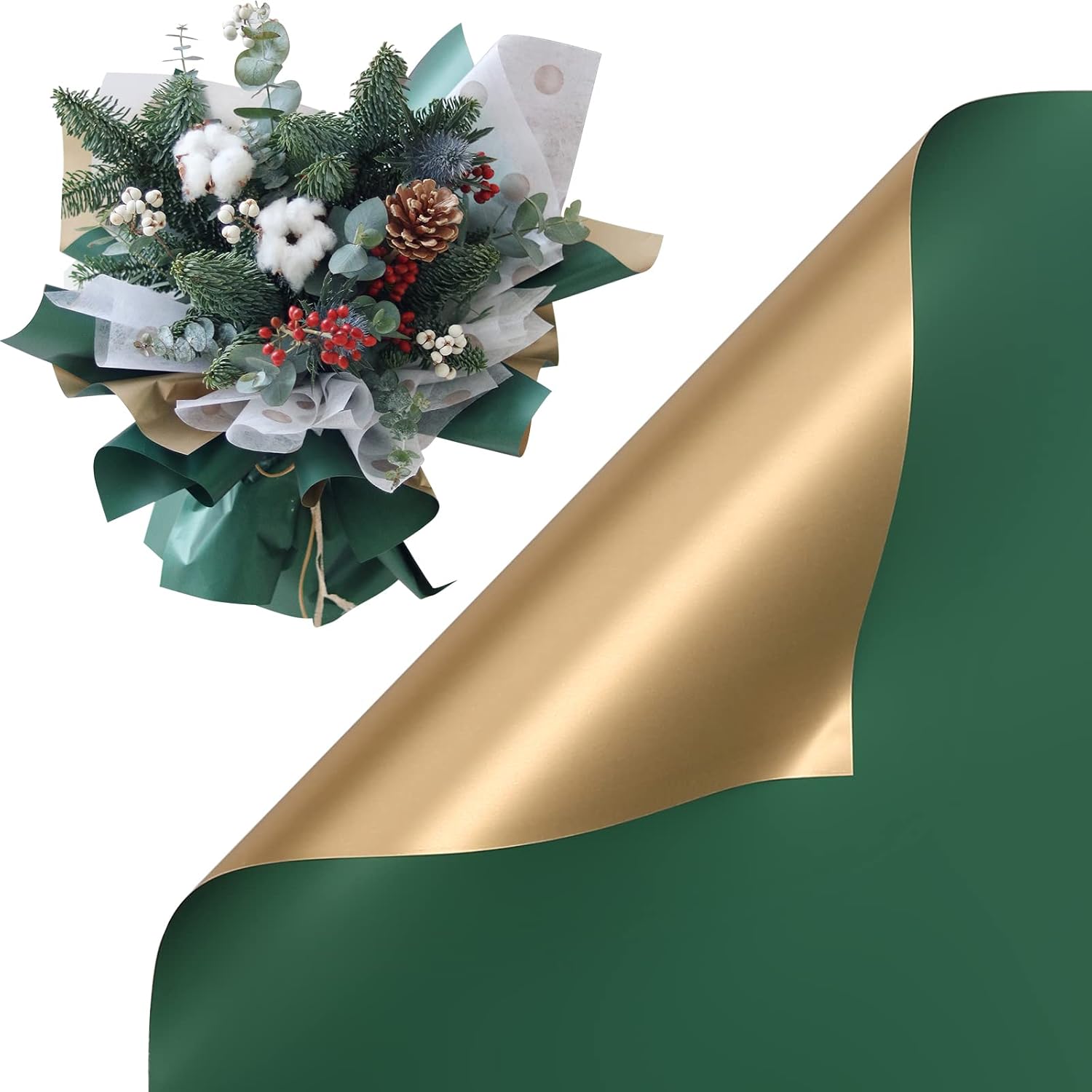 Papel de regalo floral Papel de regalo de flores doradas de doble cara, papel de regalo impermeable, papel de regalo de ramo de bricolaje, 20 hojas