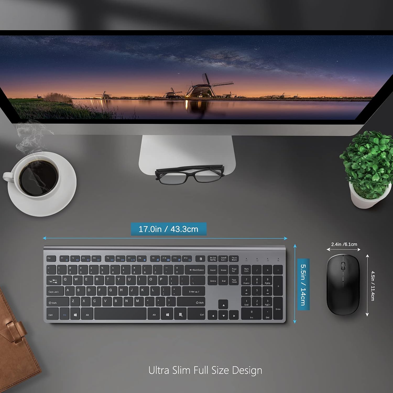 J JOYACCESS – Teclado inalámbrico recargable de tamaño completo de 2.4 G con batería de larga duración, diseño ergonómico y compacto para laptop,