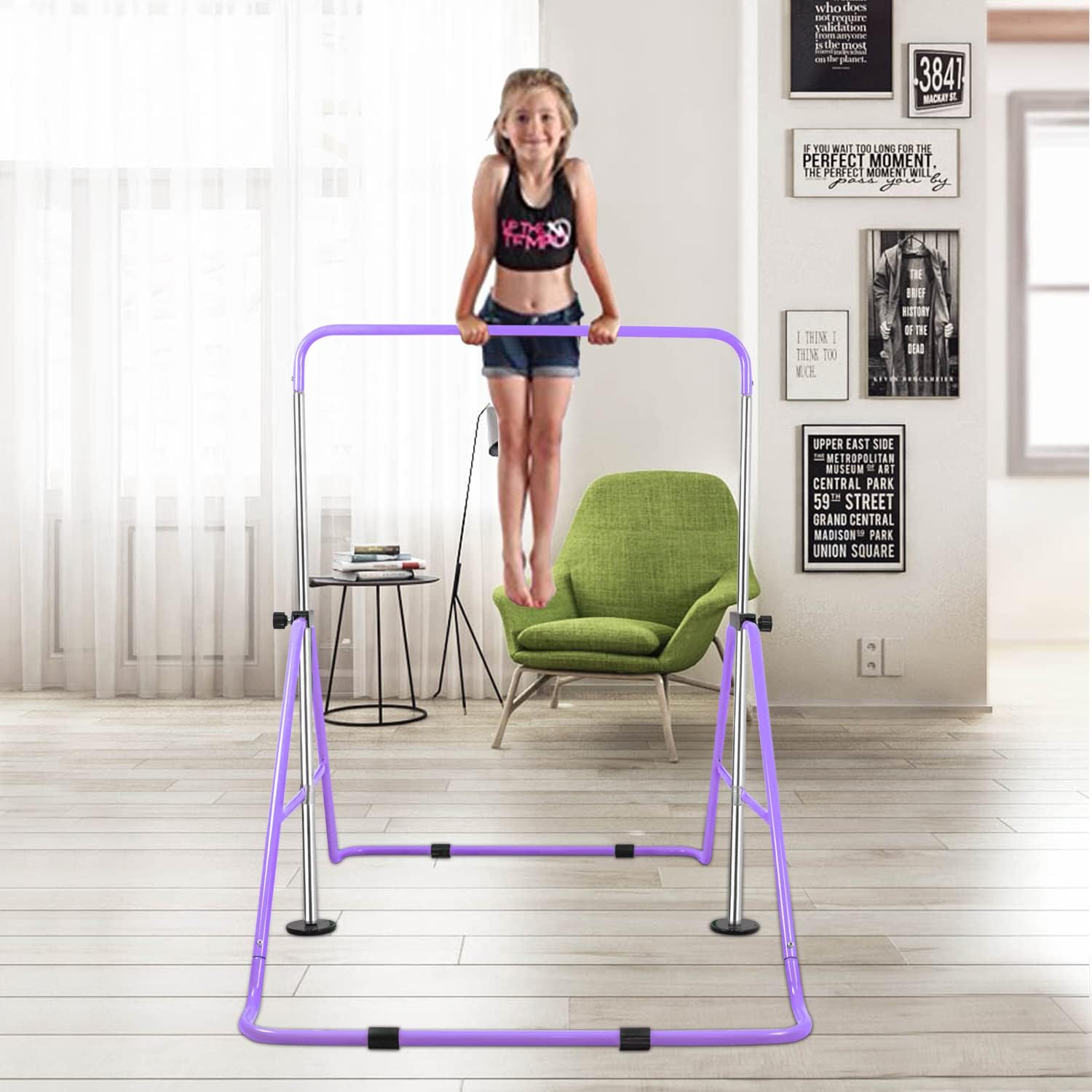 Bighaki808 Barras de gimnasia para niños con anillos, barras horizontales plegables con altura ajustable, equipo de gimnasia expandible, barra de