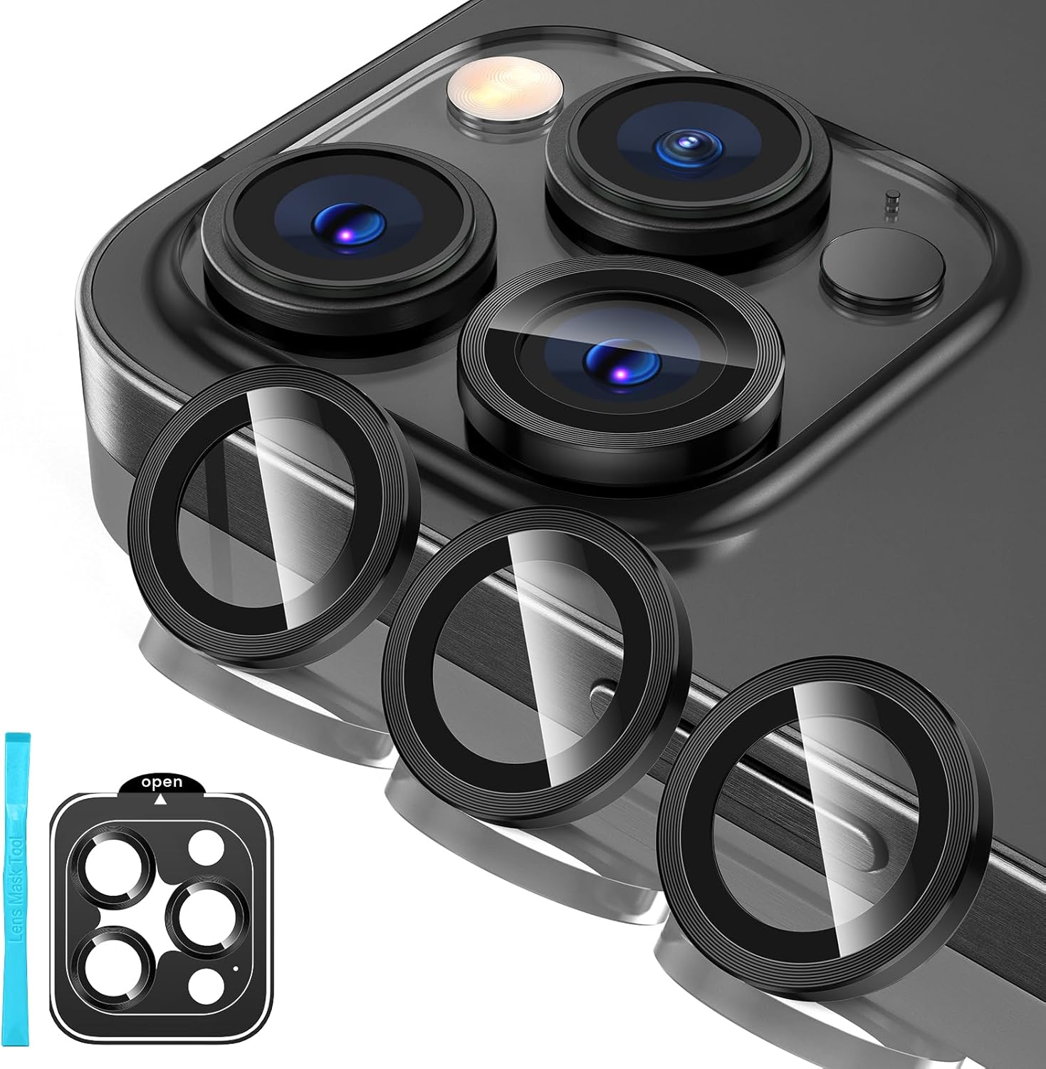 Tensea Protector de lente de cámara para iPhone 15 ProiPhone 15 Pro Max, protector de pantalla de vidrio templado 9H, anillo individual de metal