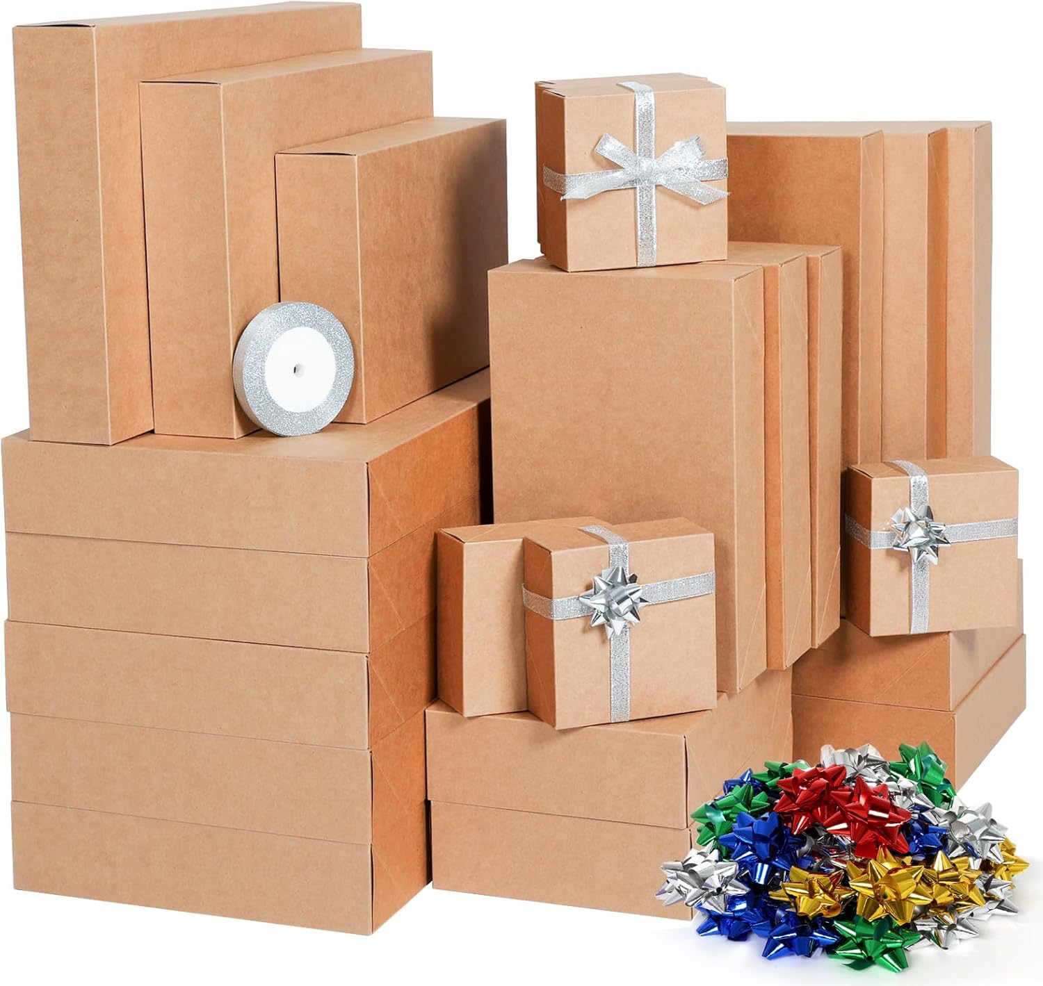joyhalo Paquete de 24 cajas de regalo con tapas para regalos, cajas de regalo de Navidad de papel kraft de varios tamaños a granel para ropa,