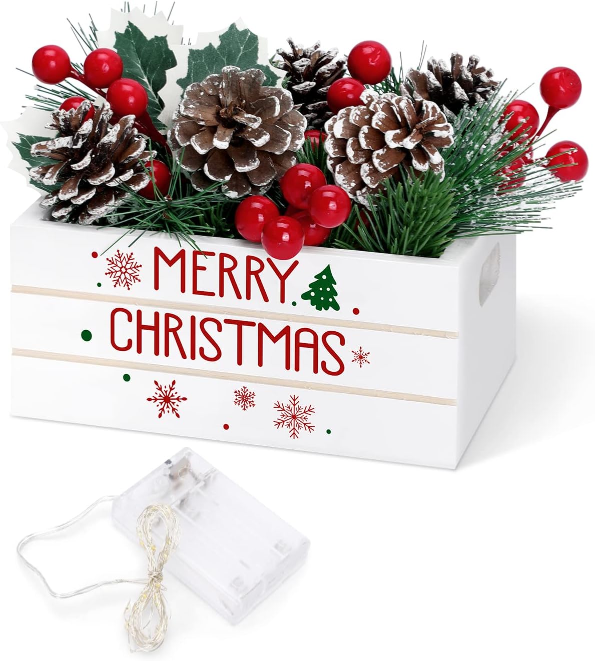 Huray Rayho Centro de mesa de Navidad, 26 piezas, decoración de bandeja escalonada, flor de pino artificial con piñas, bayas rojas, mini cesta de