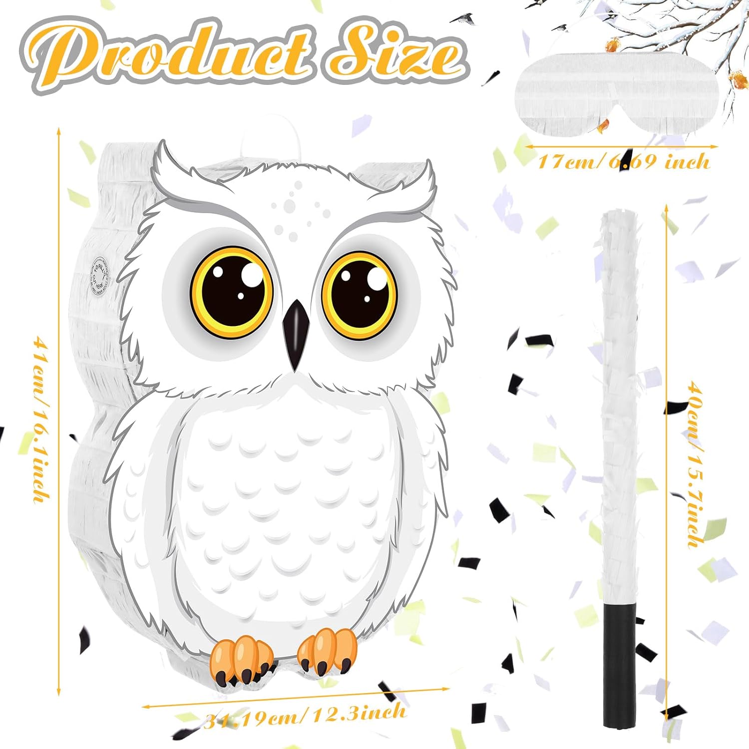 Aoriher Piñata de búho con palito de piñatas para los ojos vendados, confeti 3D blanco nevado de búho juego de piñatas para bosque, bosque, mago,