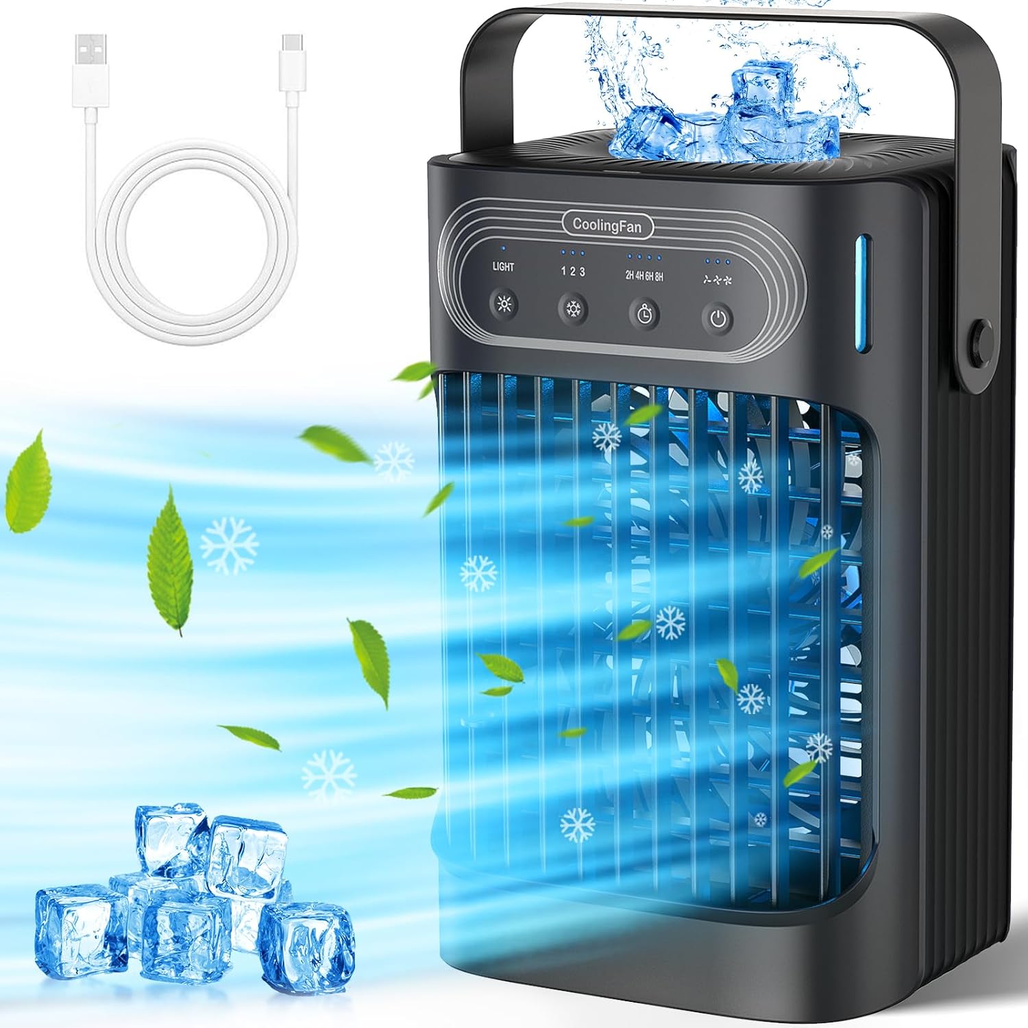 Ventilador de aire acondicionado portátil, mini aire acondicionado evaporativo mejorado portátil con 3 nieblas frías y velocidades, 7 luces