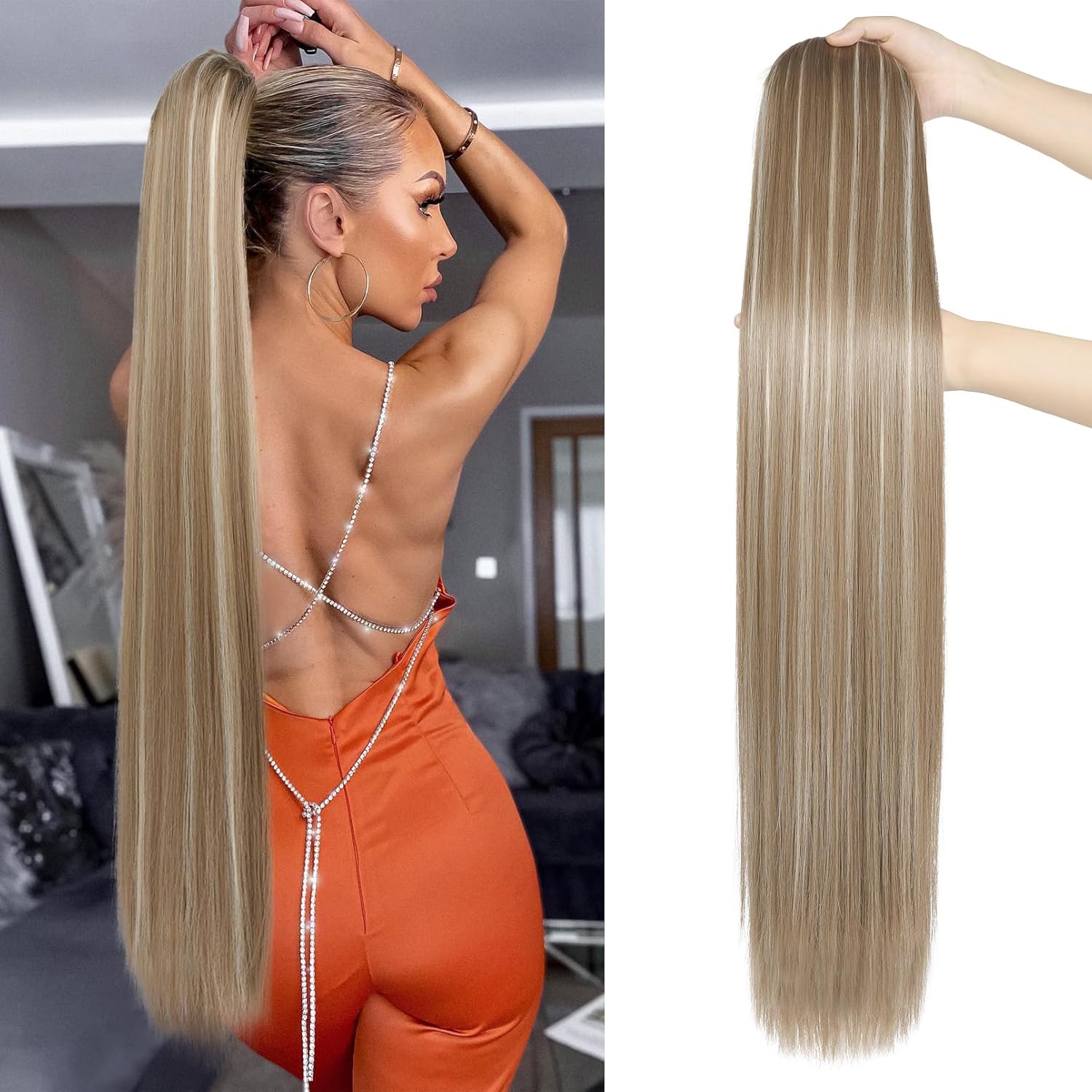 SEIKEA Extensiones de cola de caballo de 32 pulgadas con cordón largo y lacio, cola de caballo falsa, extensiones de cabello sintético suave natural