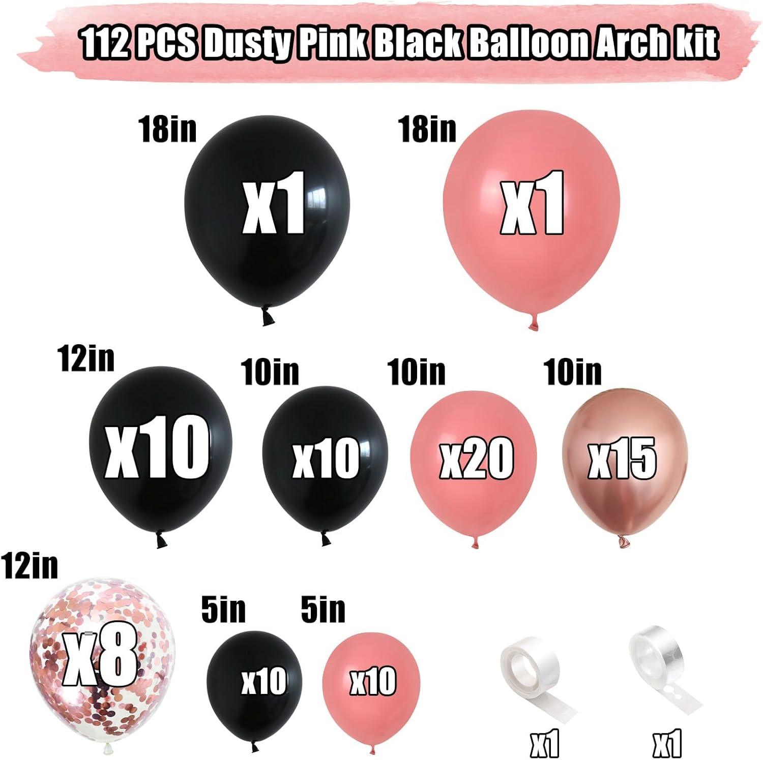 Kit de arco de globos de color rosa polvoriento y negro, 112 guirnaldas de globos de oro rosa rosa y negro con confeti dorado rosa metálico, globos