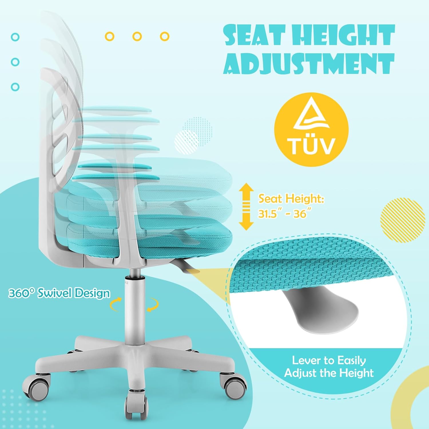 GLACER Silla de escritorio para niños con brazos, silla de estudio de malla ajustable de 330 libras con ruedas para niñas y niños, silla giratoria