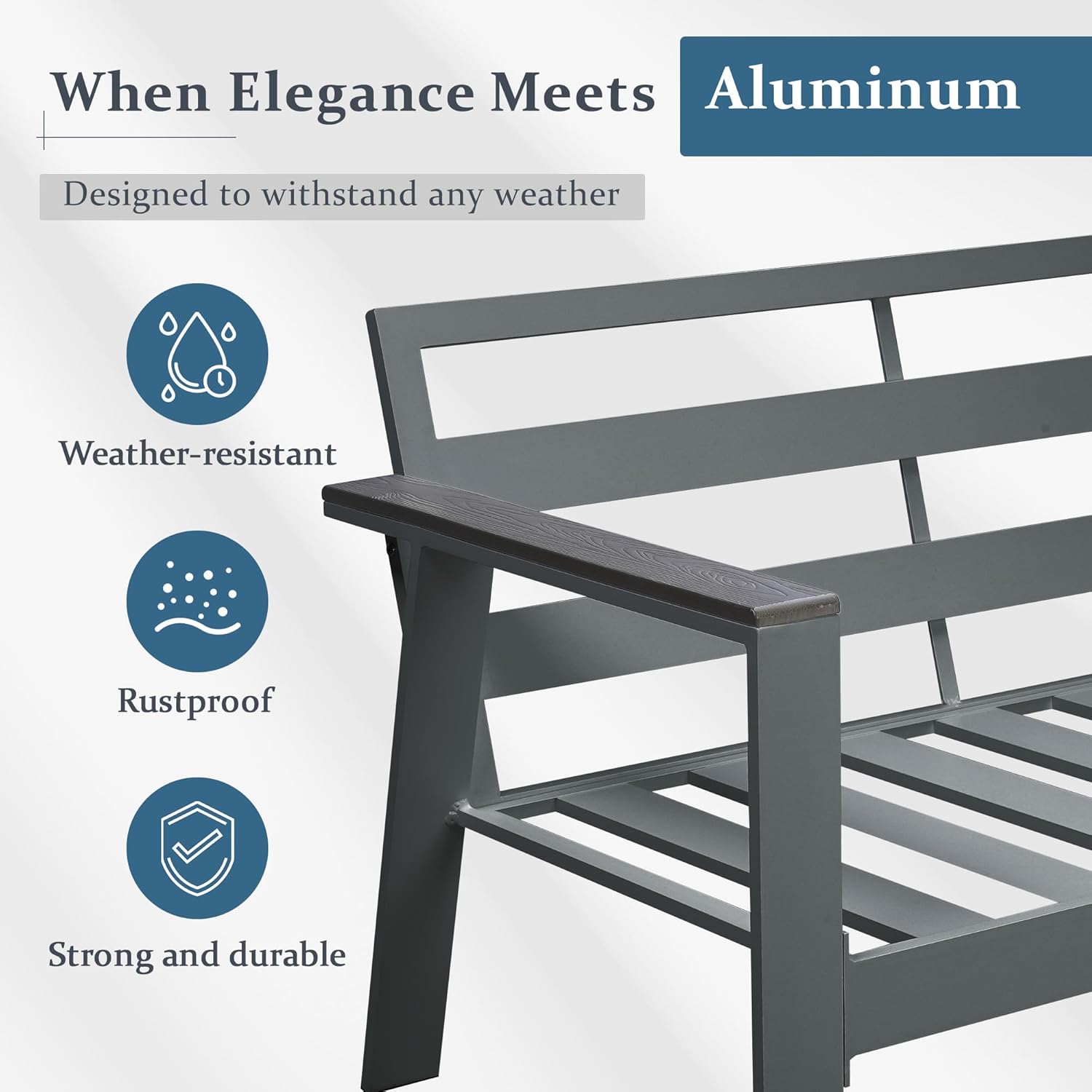 Solaste Sofá de aluminio para exteriores, muebles de patio, sofá de 3 asientos con reposabrazos de madera y respaldo en ángulo, sofá de metal para