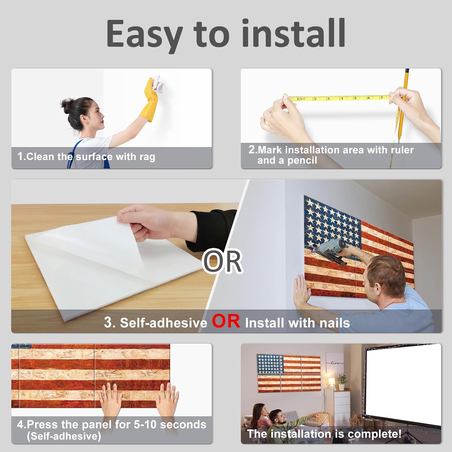 JBER Arte de pared para sala de estar, bandera sin marco sobre tablero de fibra, 6 paneles empalmados en una gran decoración de pared autoadhesiva,