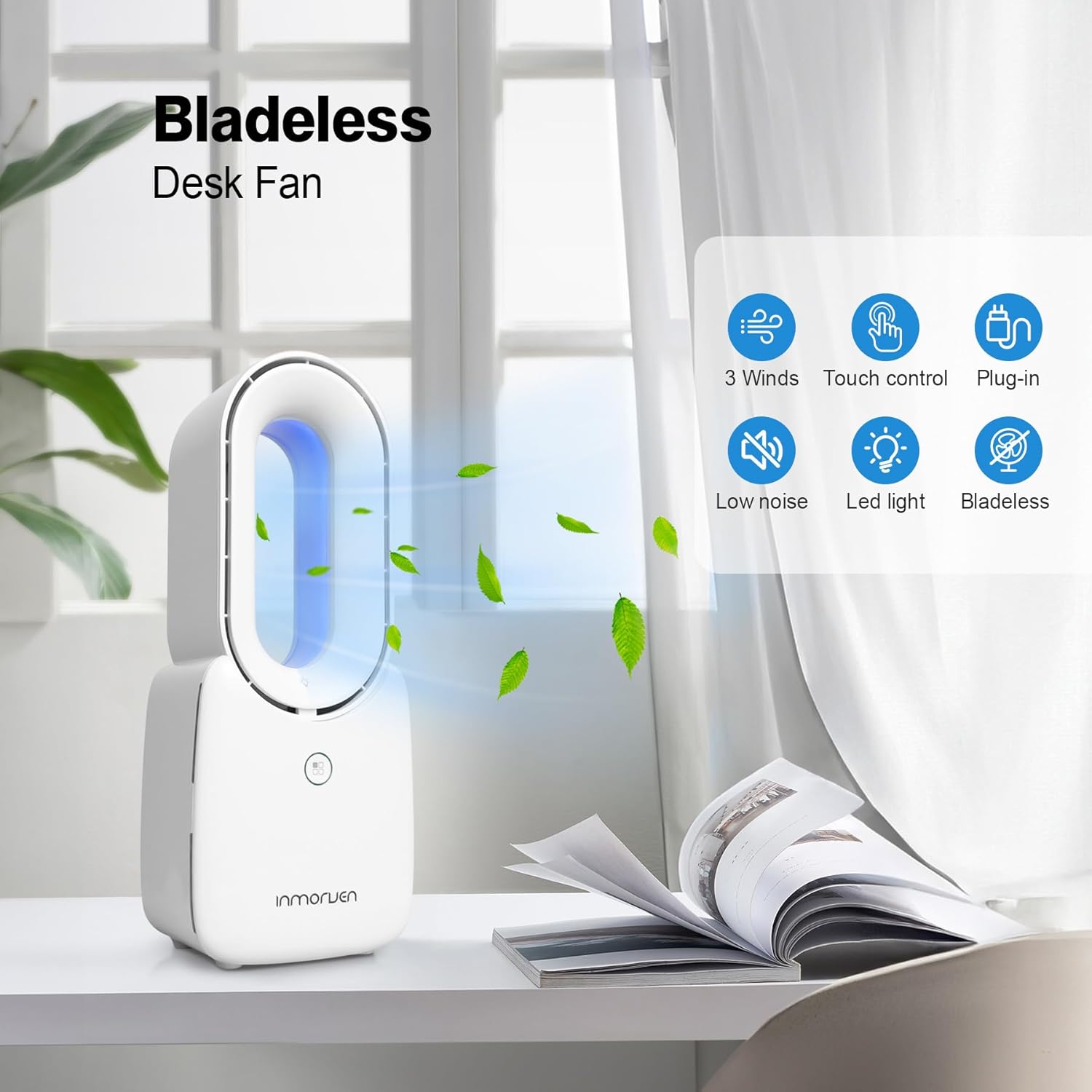 CONBOLA Ventilador de escritorio sin aspas, pequeño ventilador de oficina silencioso de 11.8 pulgadas con luz LED de 5 colores, control táctil,