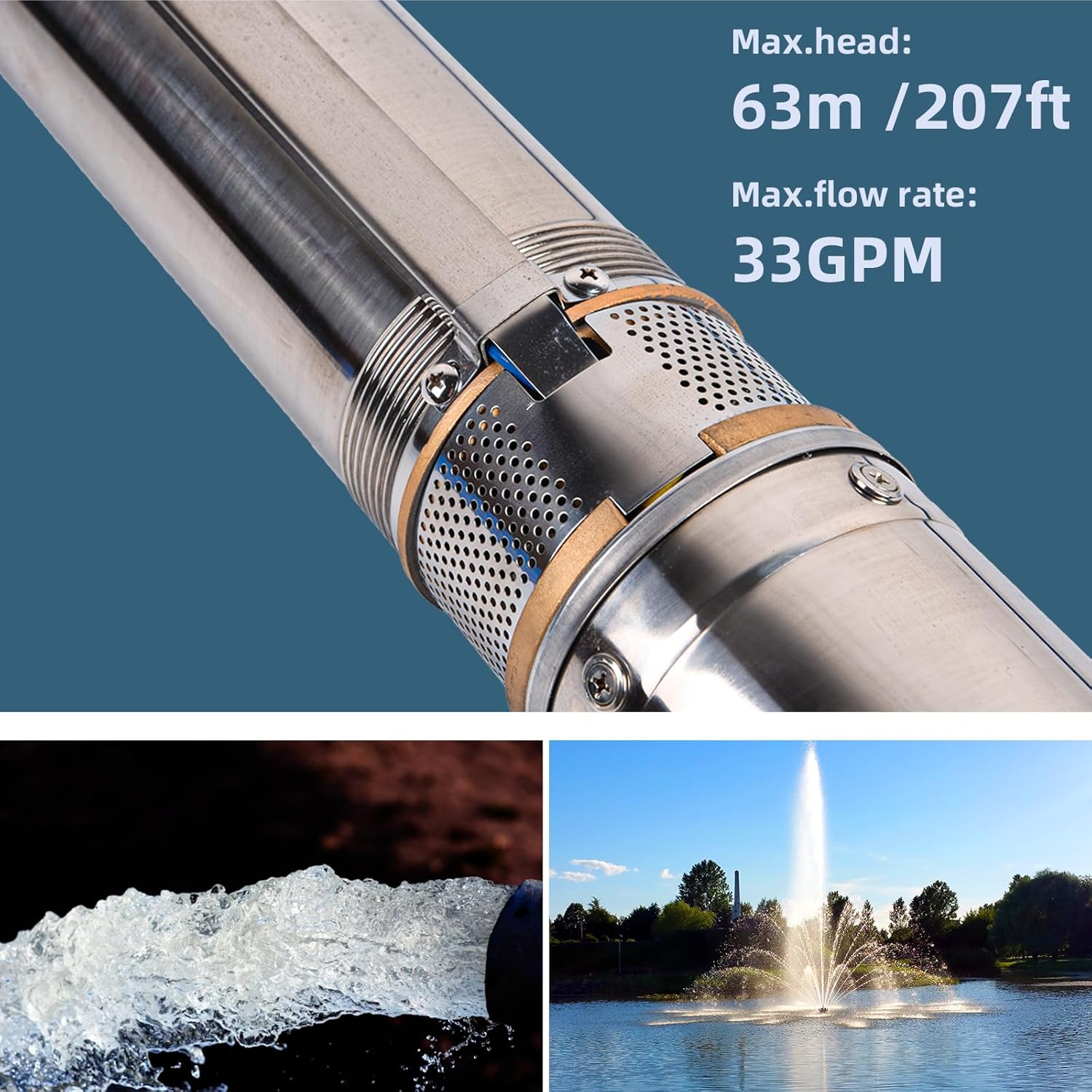 Bomba sumergible de pozo profundo 1HP, 220 V60 Hz, 33 GPM, cabeza de 207 pies, acero inoxidable con cable de 9.8 pies, bombas de agua de acero