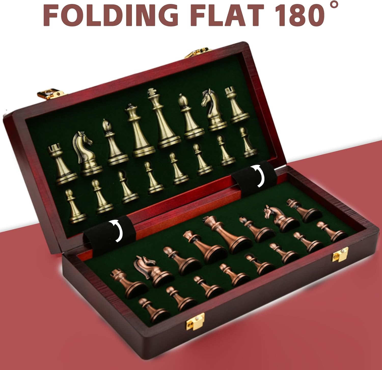 Juego de ajedrez de metal retro de 12 pulgadas para adultos y niños, tablero de ajedrez de madera con piezas de ajedrez de metal, juego de ajedrez