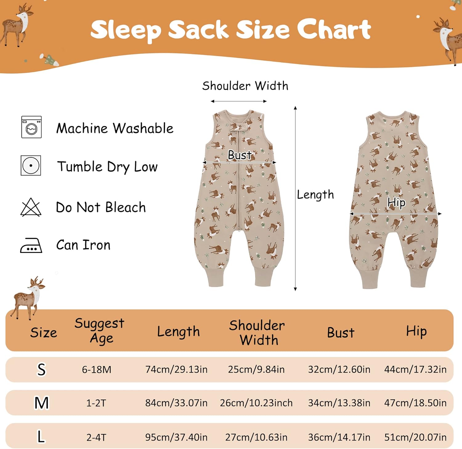 LAT – Saco de dormir para bebé, saco de dormir de algodón sin mangas para niños pequeños con piernas, manta con cremallera 6M-4T