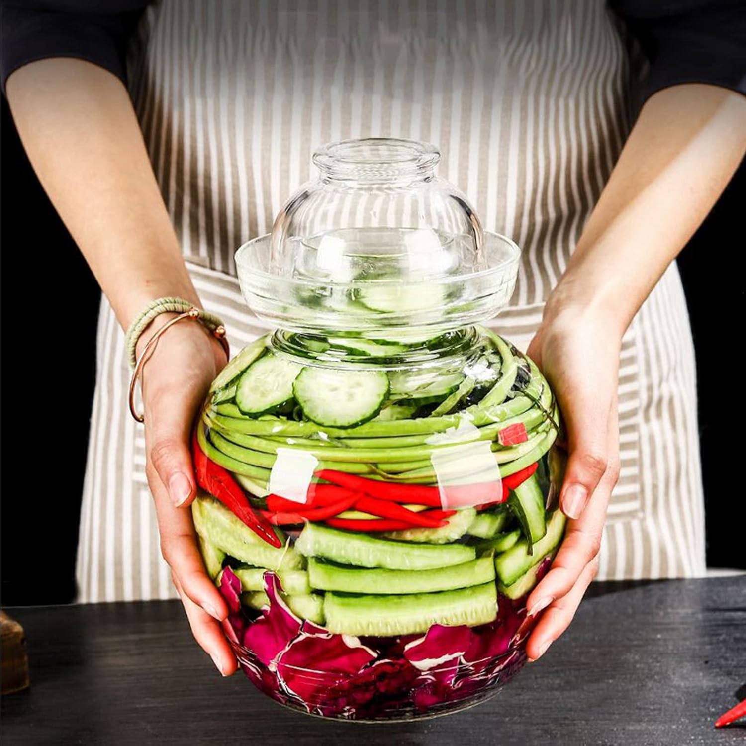 Tarro de vidrio de 1,5 litros con tapa de fermentación, kit de fermentación tradicional con tapa de sellado de agua, tarro de pepinillos para