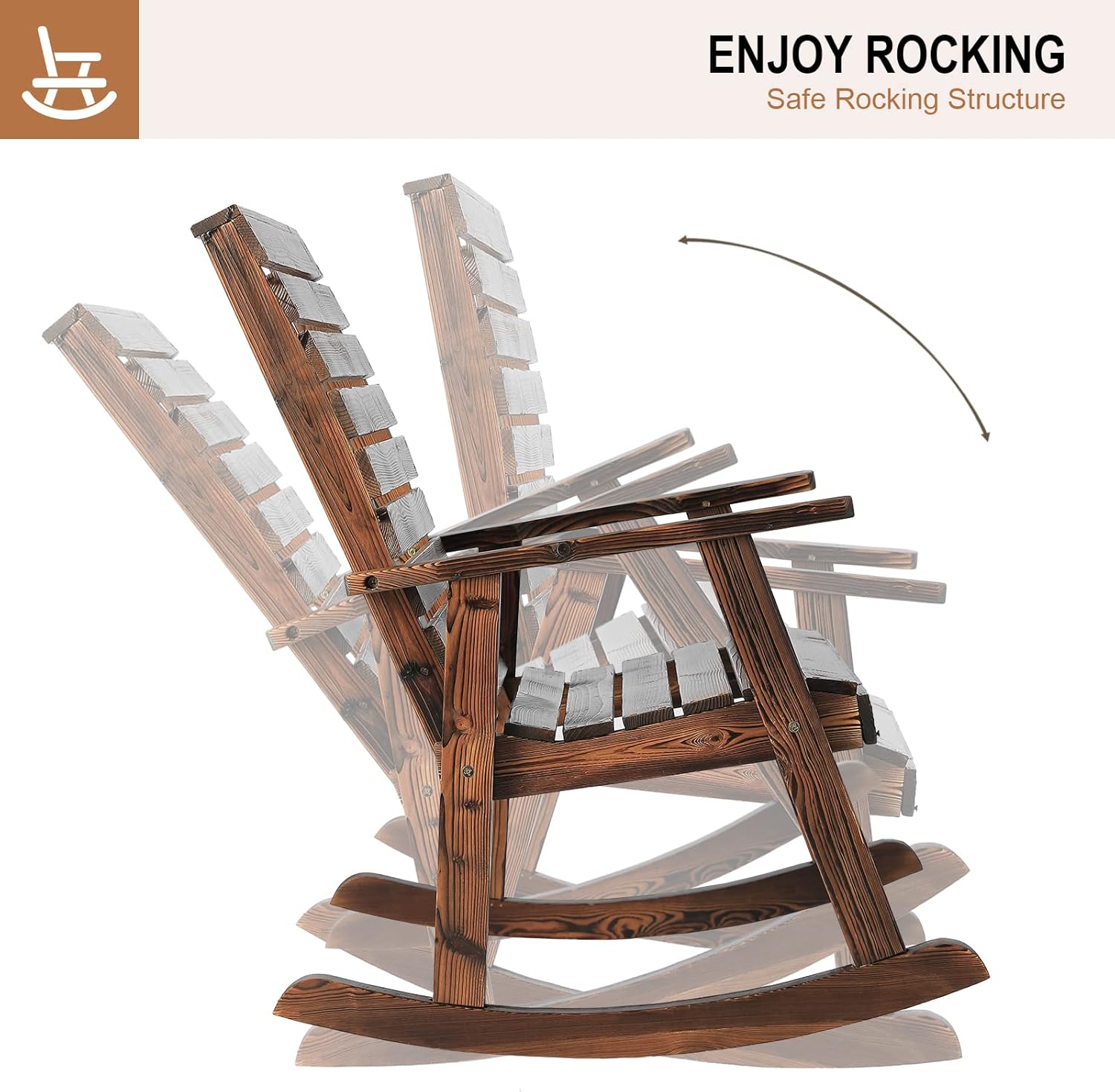 Mecedora de madera para exteriores, mecedora de porche de madera rústica con respaldo alto para interiores, patio trasero, patio, natural