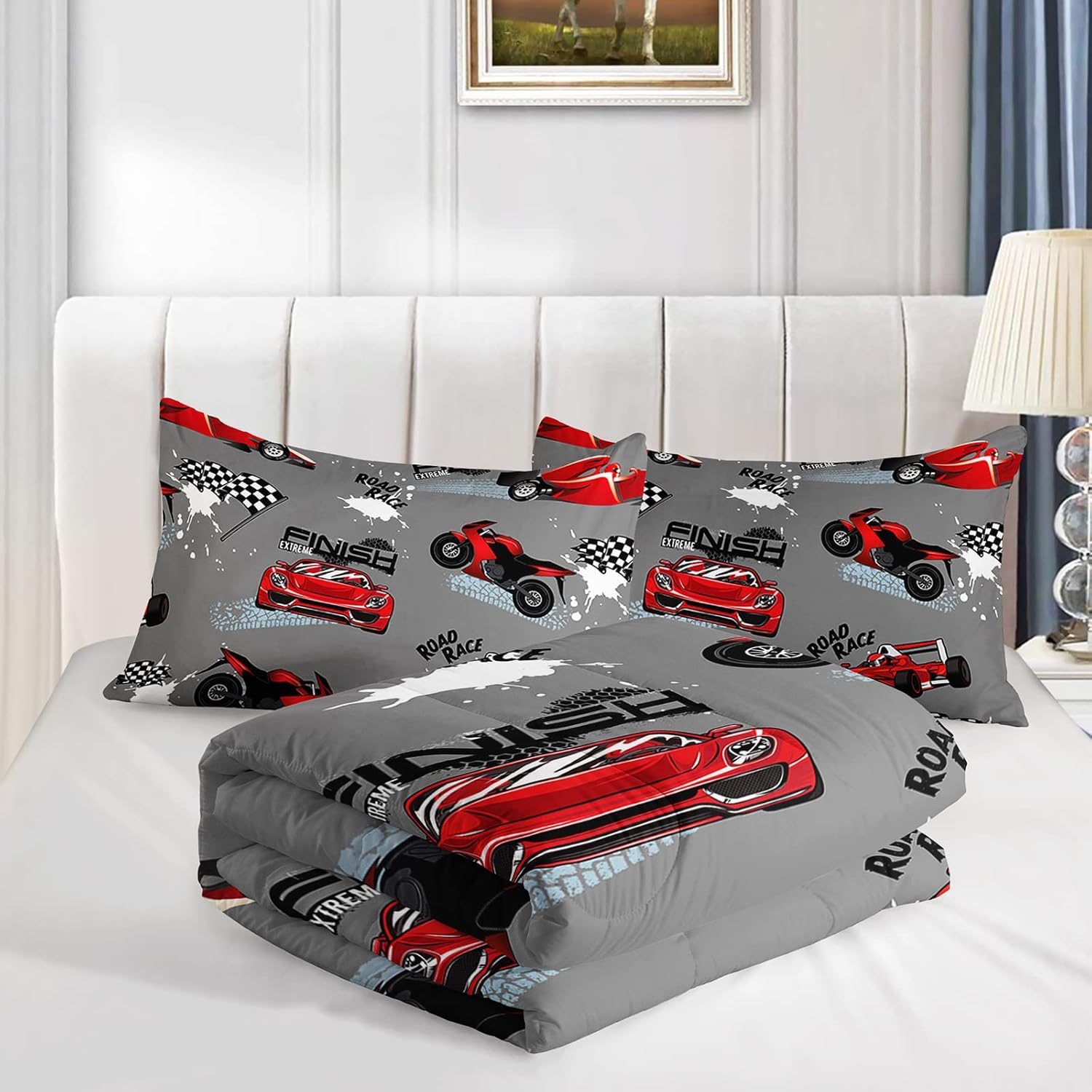 Axolotl Juego de edredón para niños, tamaño Queen, juego de ropa de cama de autos de carreras para niños, niñas, adolescentes, regalos de carreras