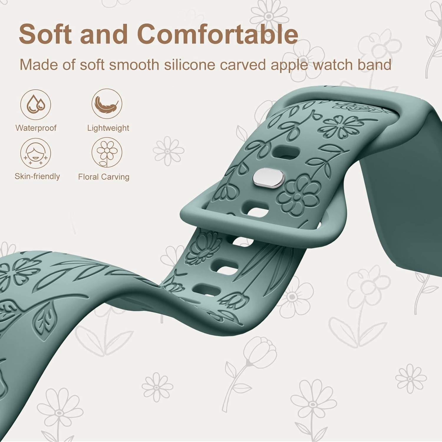 DaQin Paquete de 4 correas con grabado floral compatibles con Apple Watch de 1.496 pulgadas, 1.575 pulgadas, 1.614 pulgadas, 1.654 pulgadas, 1.732