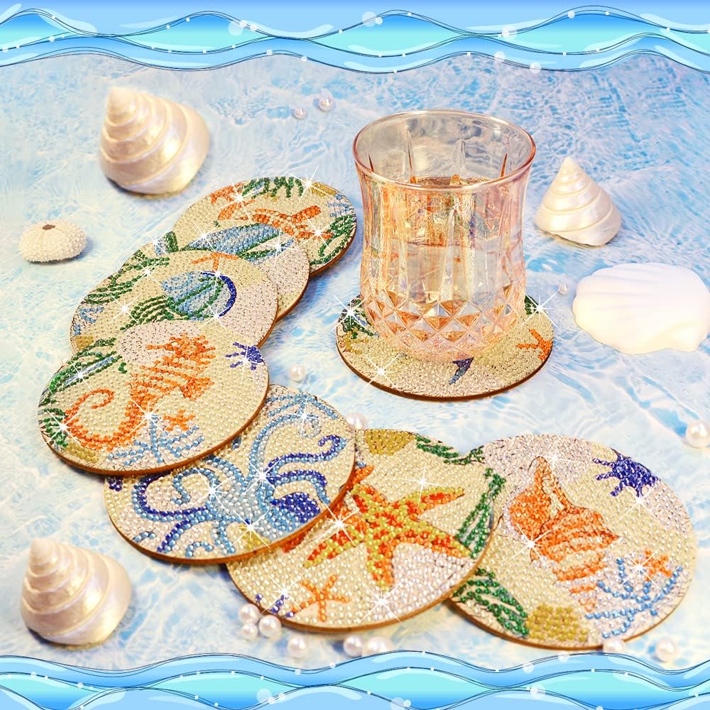 Juego de 8 posavasos de pintura de diamantes con soporte de base de corcho, tema de playa, playa, mar, vida costera, kit de pintura de diamantes