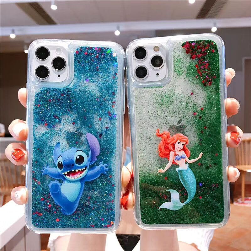 iFiLOVE Funda líquida para iPhone 15 Stitch Bling Liquid Case, para niñas y niños y mujeres, bonita funda de dibujos animados con purpurina de arena