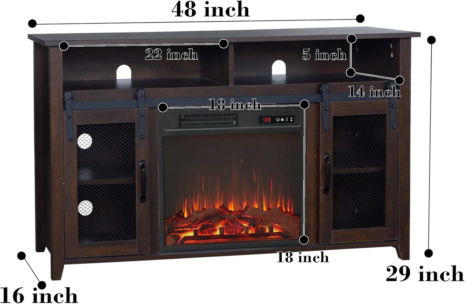 Soporte para TV, centro de entretenimiento, puerta corrediza de granero con chimenea eléctrica incluida para televisores de hasta 55 pulgadas,