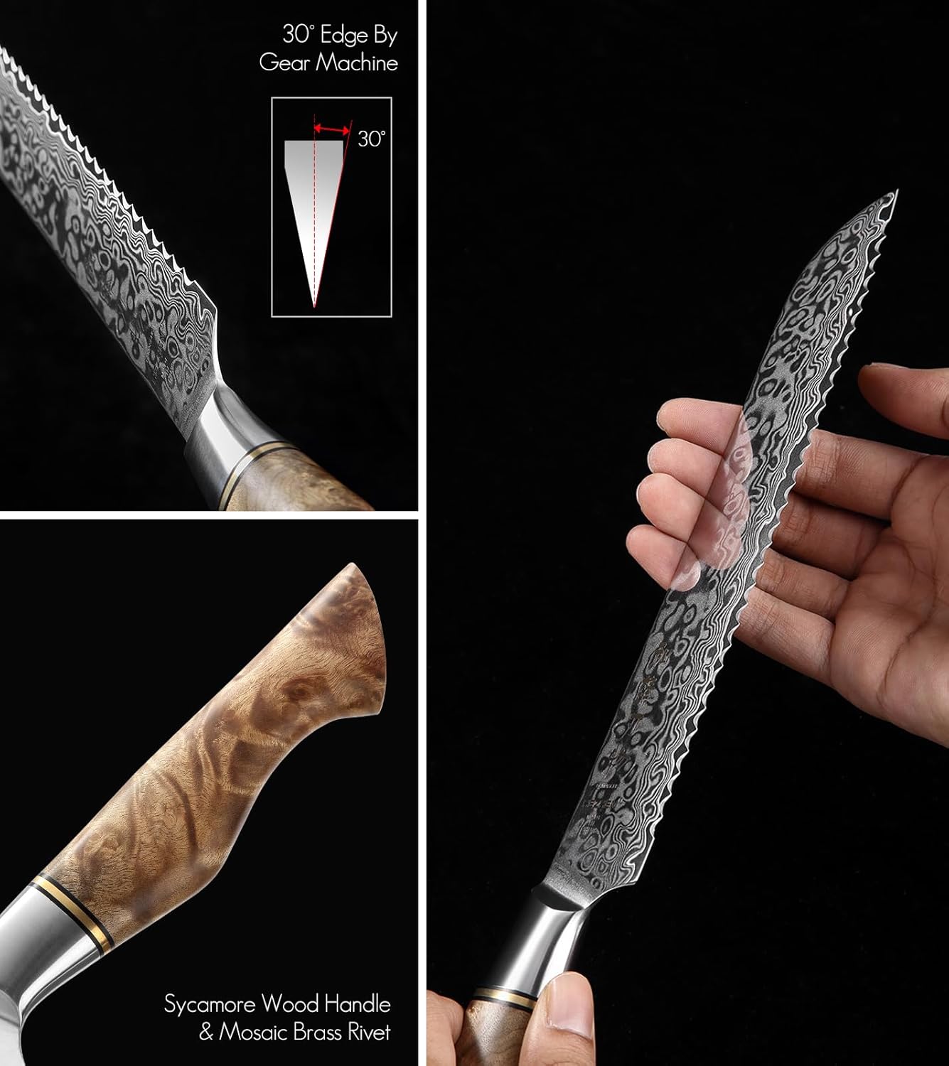 HEZHEN Cuchillo de pan dentado de 8.3 pulgadas, cuchillo de acero de Damasco, cuchillo de cocina de acero de alto carbono, mango de madera y caja de