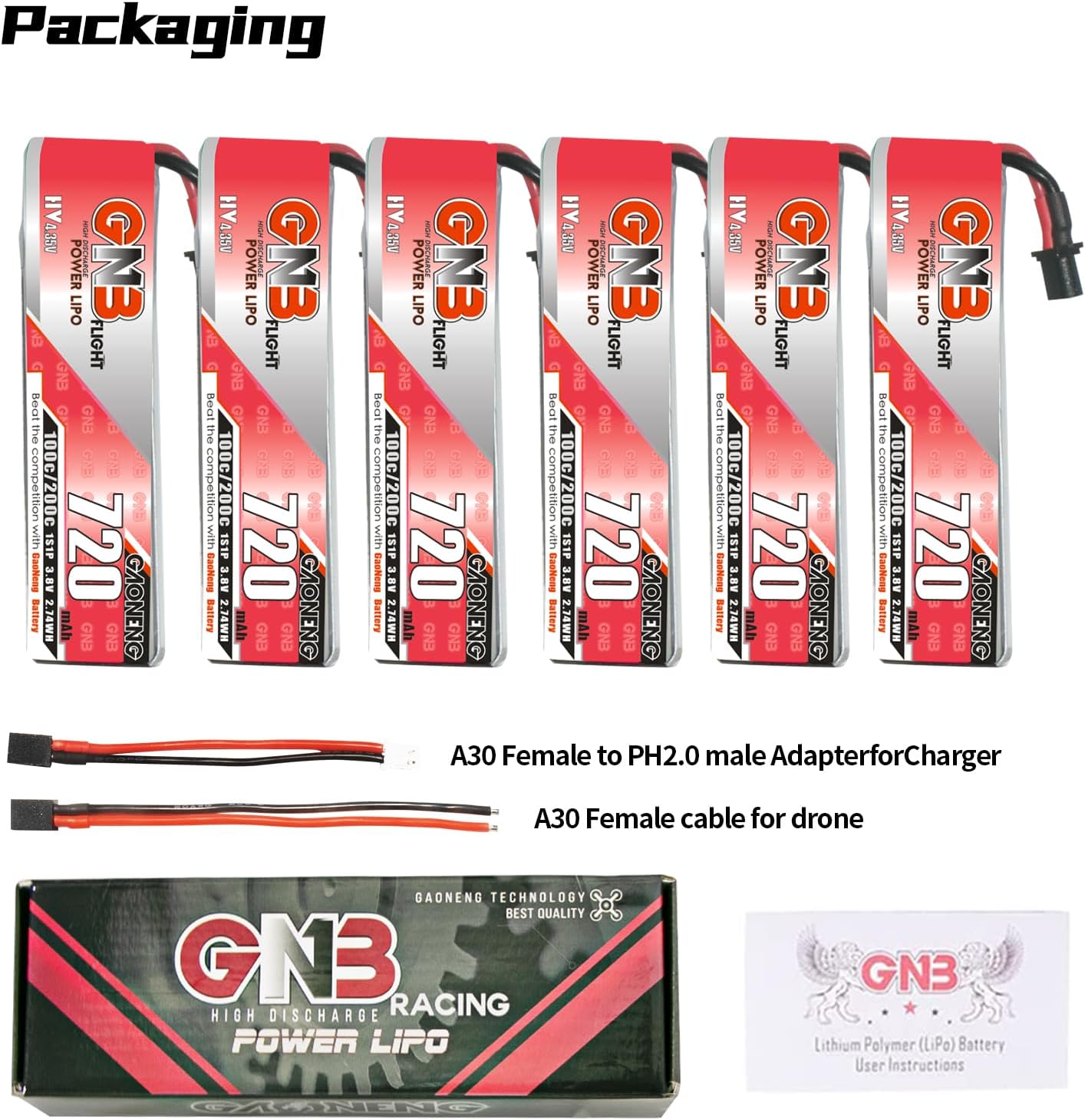 GAONENG 6 unids GNB 720mAh 1S LiPo Batería 100C 200C 3.8V con cable A30 para Kingkong Tiny7 Beta75S NanoHawk EZ Pilot Pro Kingkong LDARC BetaFPV