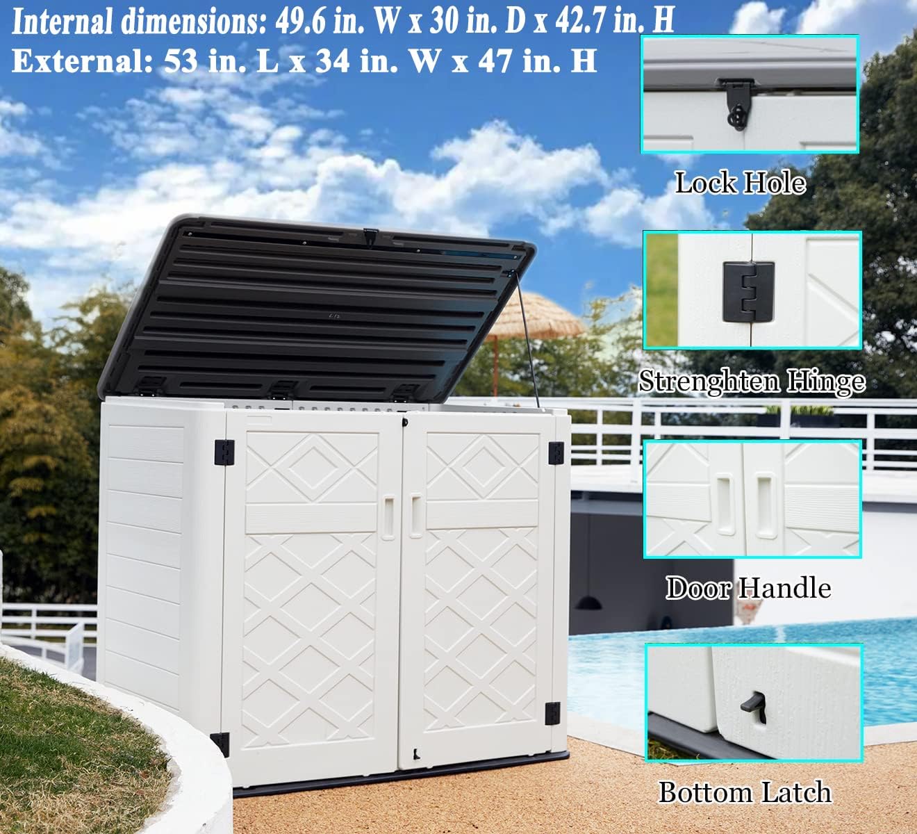 ADDOK 2SG – Cobertizo de almacenamiento horizontal más grande resistente a la intemperie, armario de almacenamiento al aire libre de 4.4 x 2.8 pies,