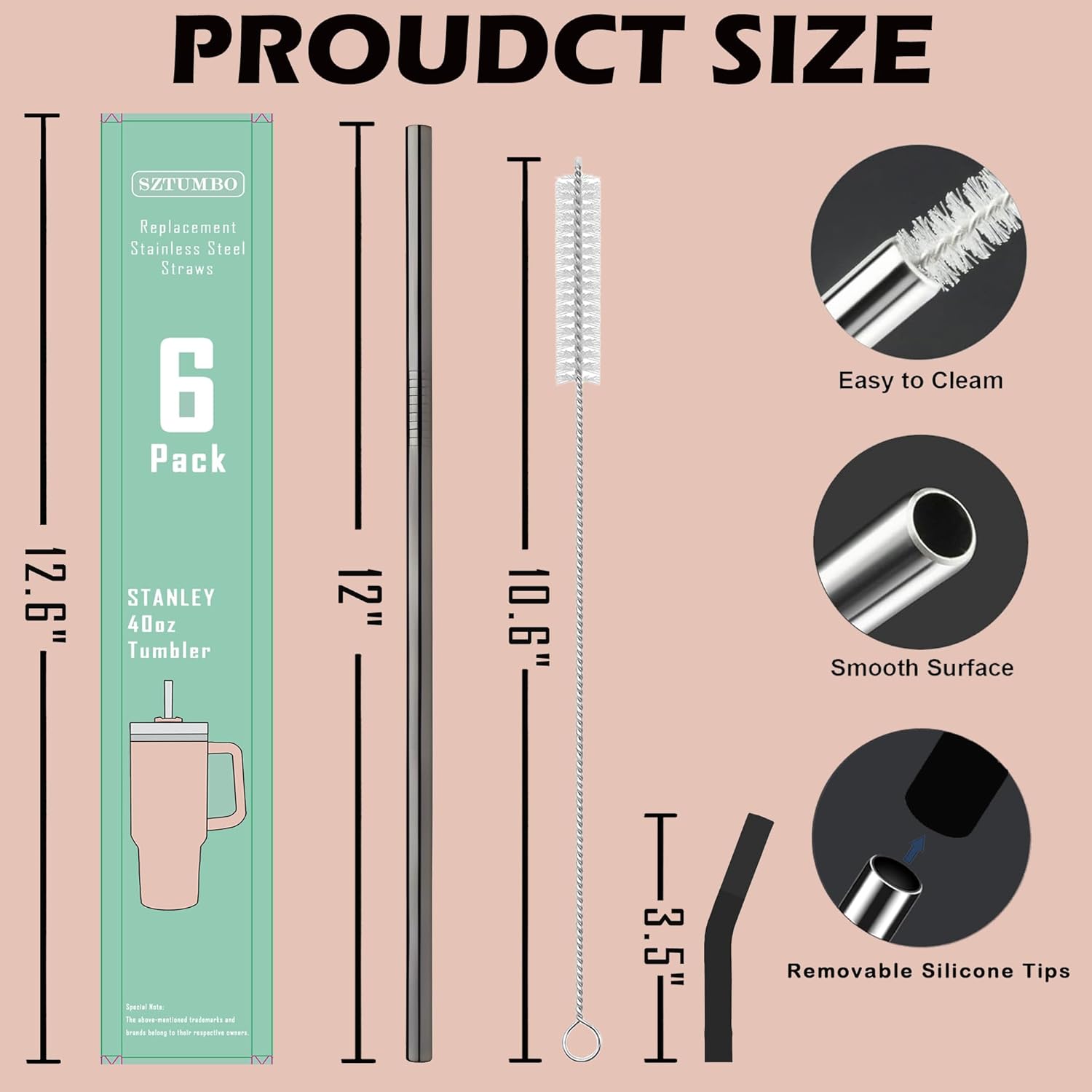 6 popotes rectos reutilizables de acero inoxidable de 12 pulgadas, con 6 puntas flexibles de silicona y 2 cepillos de limpieza, para vaso Stanley,