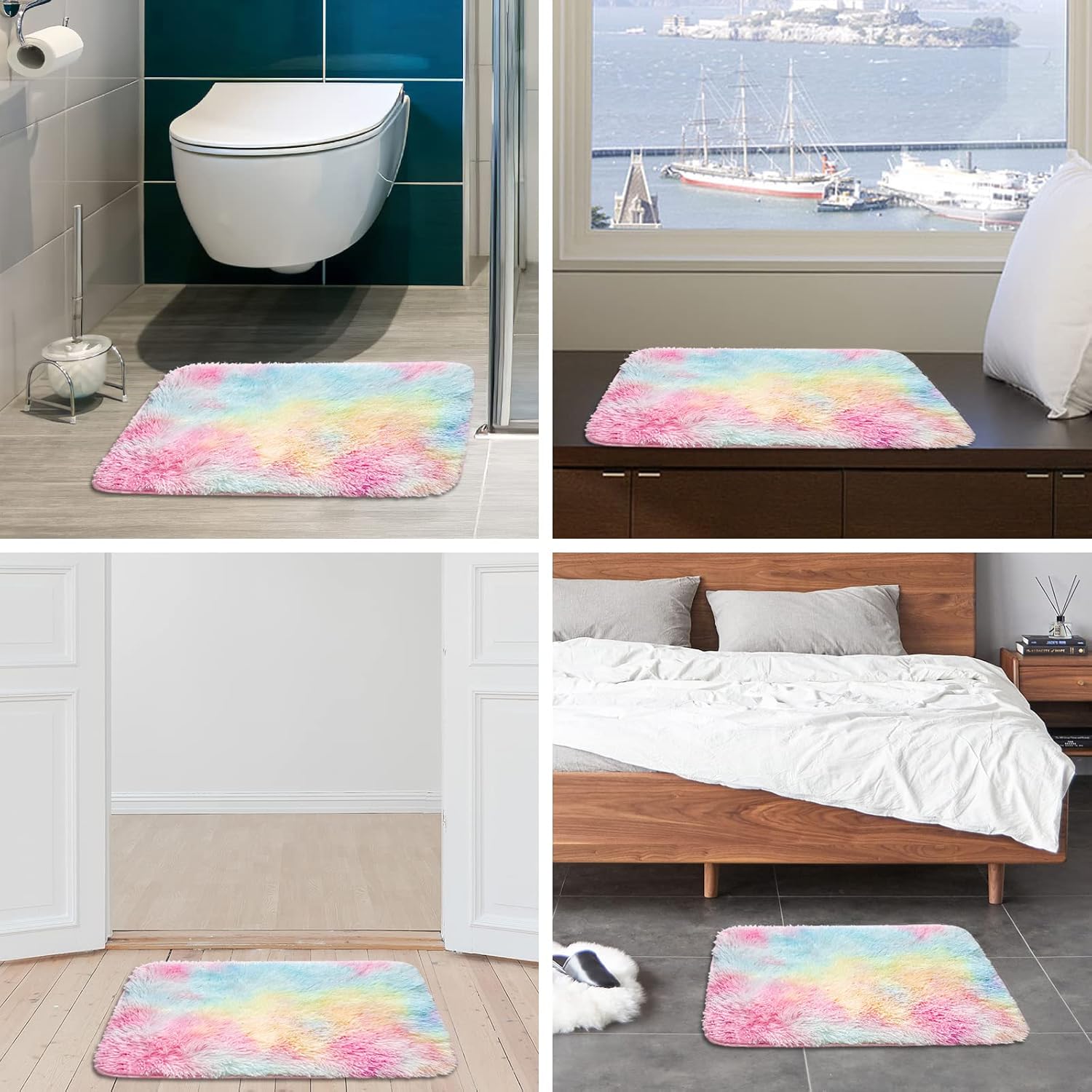 ConCus-T 2 tapetes de baño de arcoíris, diseño de unicornio, diseño de teñido anudado, alfombra de felpa de piel sintética para tina, cocina, sala
