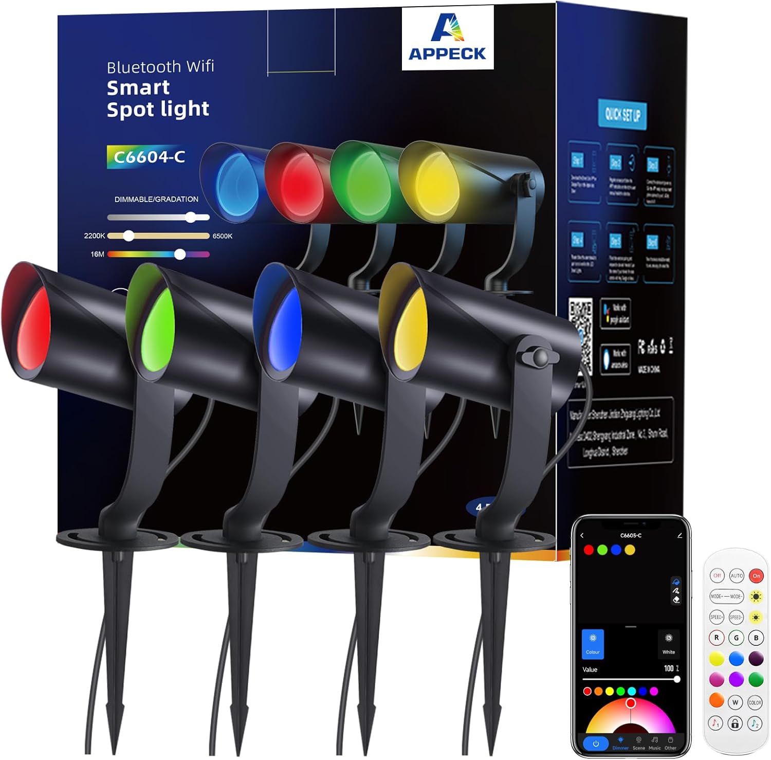 APPECK Iluminación inteligente de paisaje, focos de paisaje impermeables IP67, 3000LM regulables RGBICW luces de camino funcionan con Alexa, luces